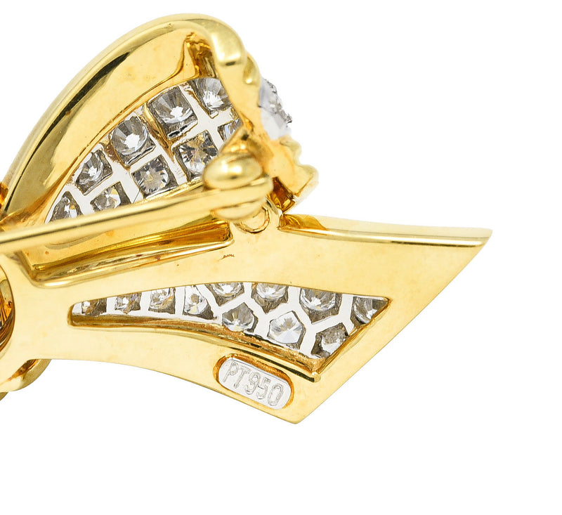 Tiffany 1960's 1.30 CTW Diamond Platinum 18 Karat Yellow Gold Pavé Vintage Bow  Brooch