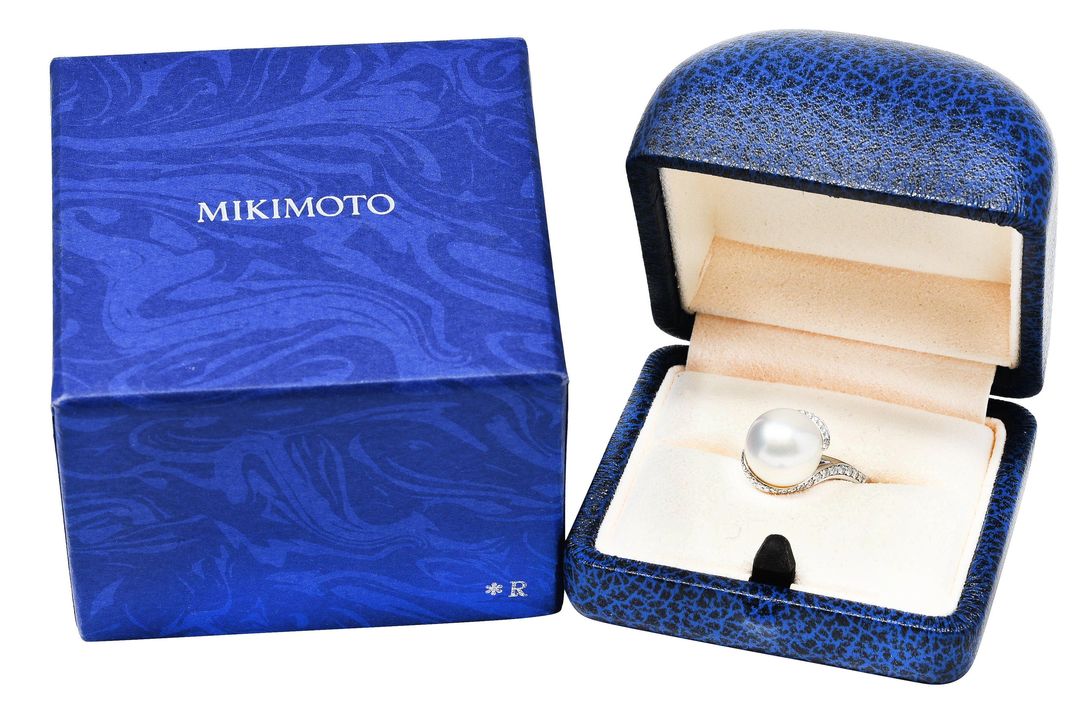 Mikimoto Diamond Cultured South Sea Pearl 18 Karat White Gold Bypass Ring Wilson's Antique & Estate Jewelry