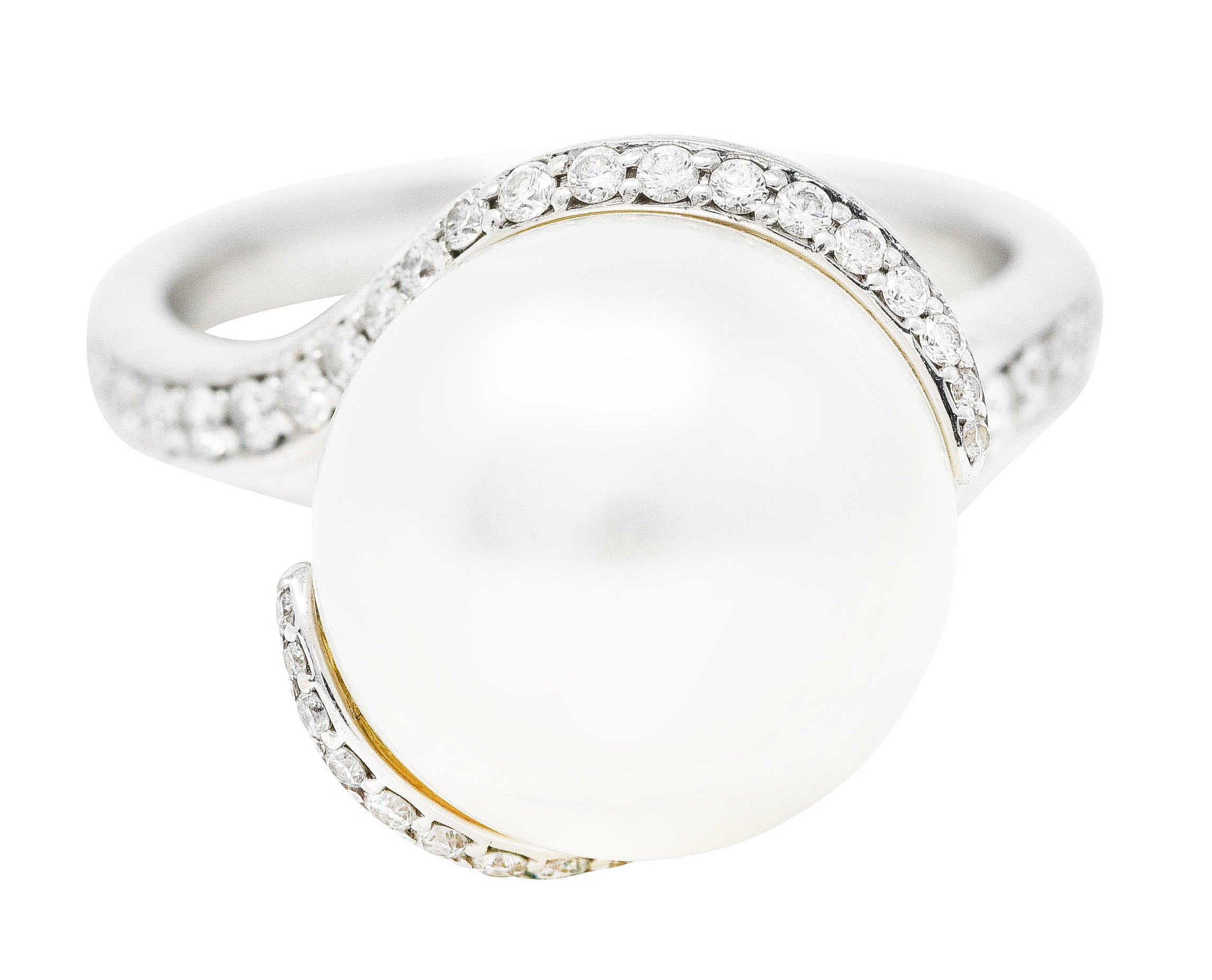 Mikimoto Diamond Cultured South Sea Pearl 18 Karat White Gold Bypass Ring Wilson's Antique & Estate Jewelry