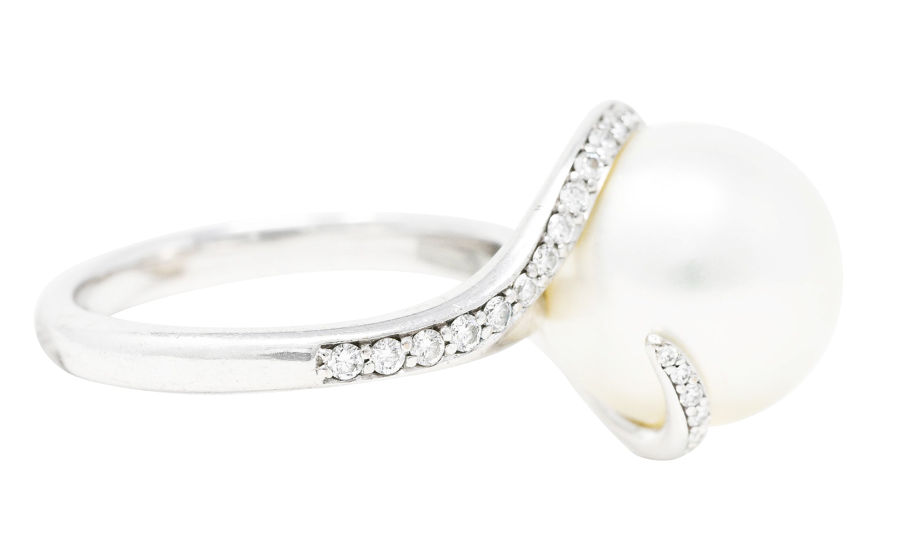 Mikimoto Diamond Cultured South Sea Pearl 18 Karat White Gold Bypass Ring Wilson's Antique & Estate Jewelry