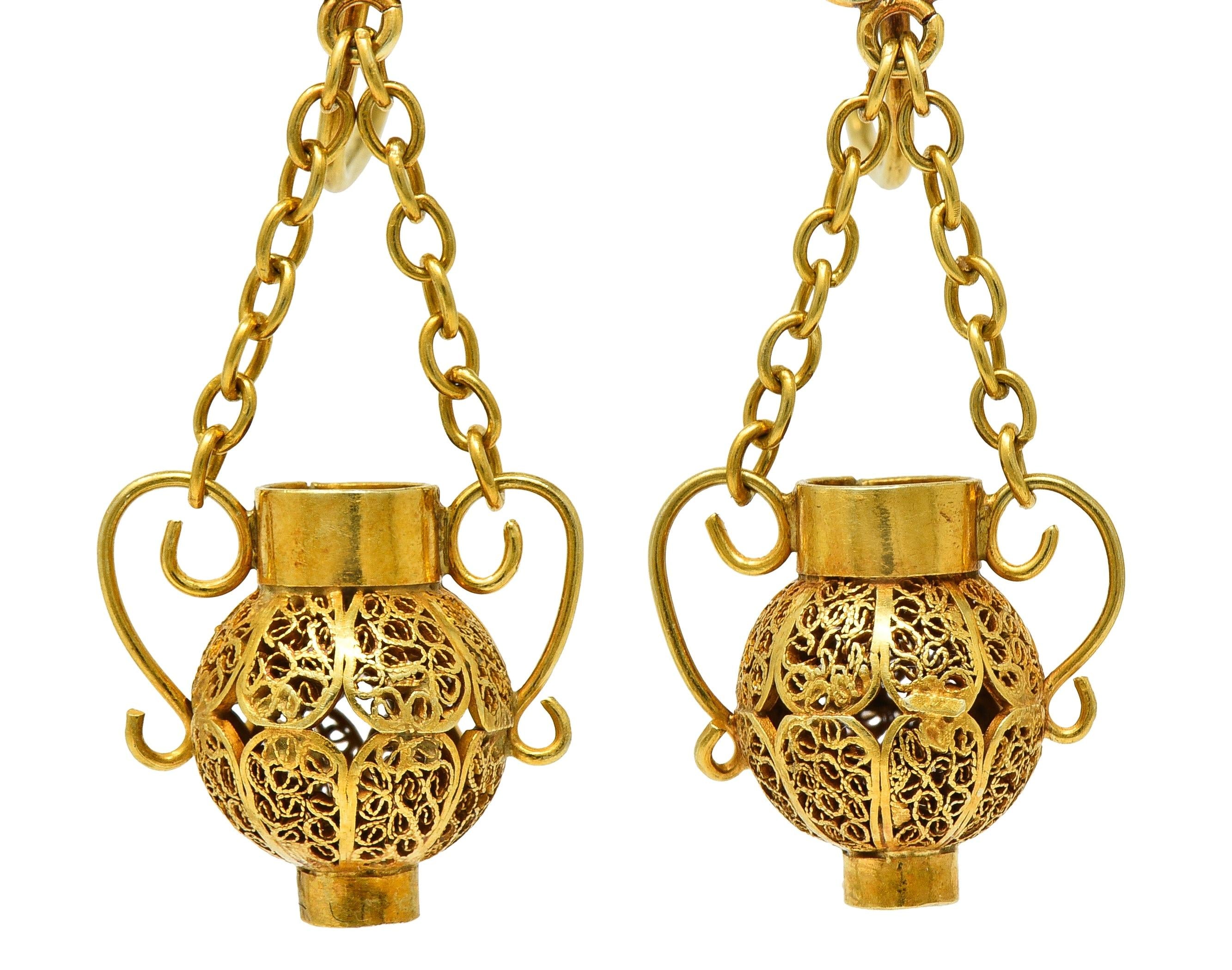 Victorian Etruscan Revival 14 Karat Gold Floral Antique Drop Screw-Back Earrings