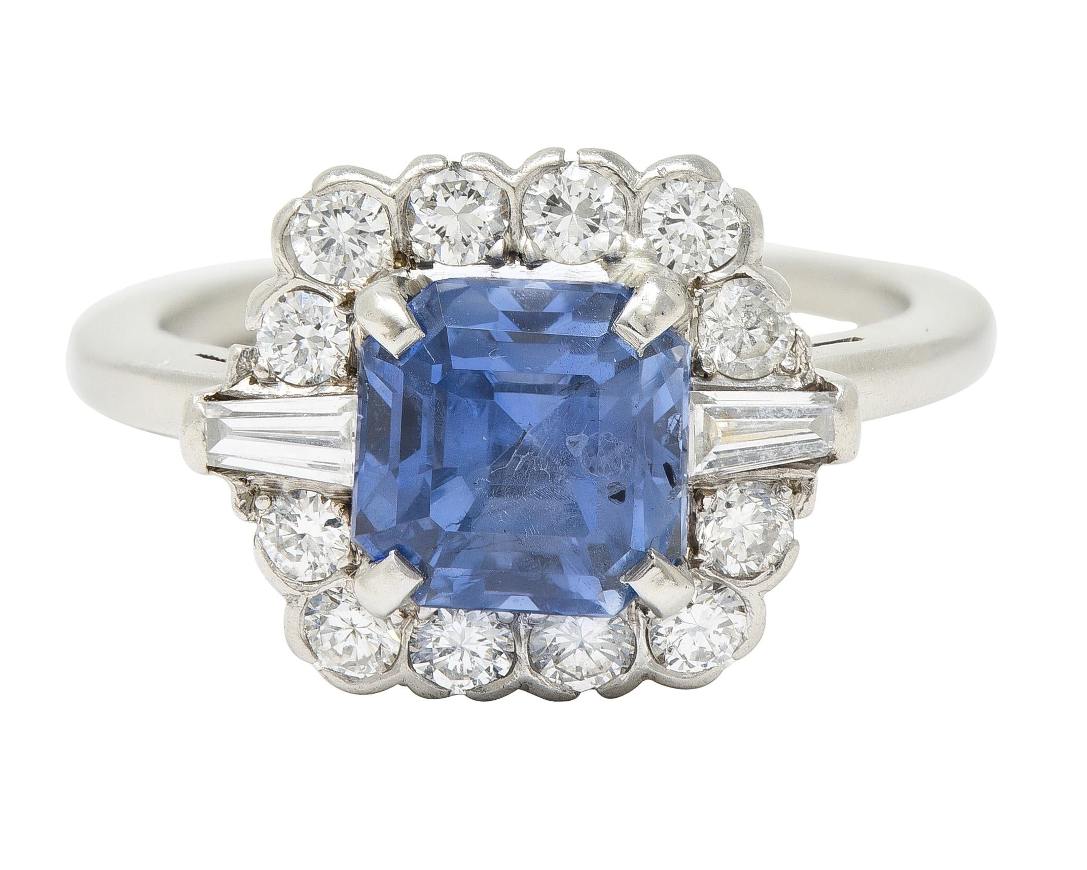 Mid-Century 2.78 CTW No Heat Ceylon Sapphire Diamond Platinum Vintage Ring GIA