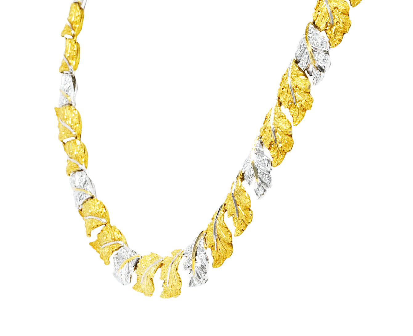 Buccellati 1950's Diamond 18 Karat Two-Tone Gold Segrinato Birch Leaf Vintage Necklace Wilson's Estate Jewelry