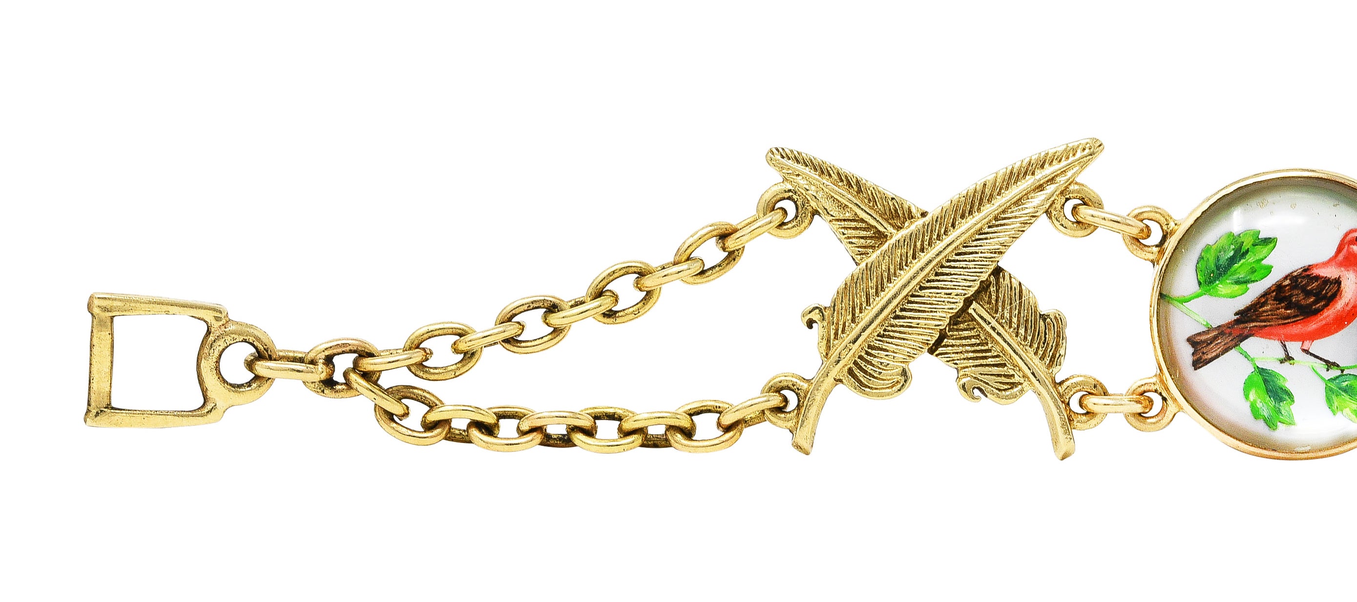 Carter Gough Essex Crystal Quartz 14 Karat Yellow Gold Feather Bird Themed Vintage Link Bracelet Wilson's Estate Jewelry