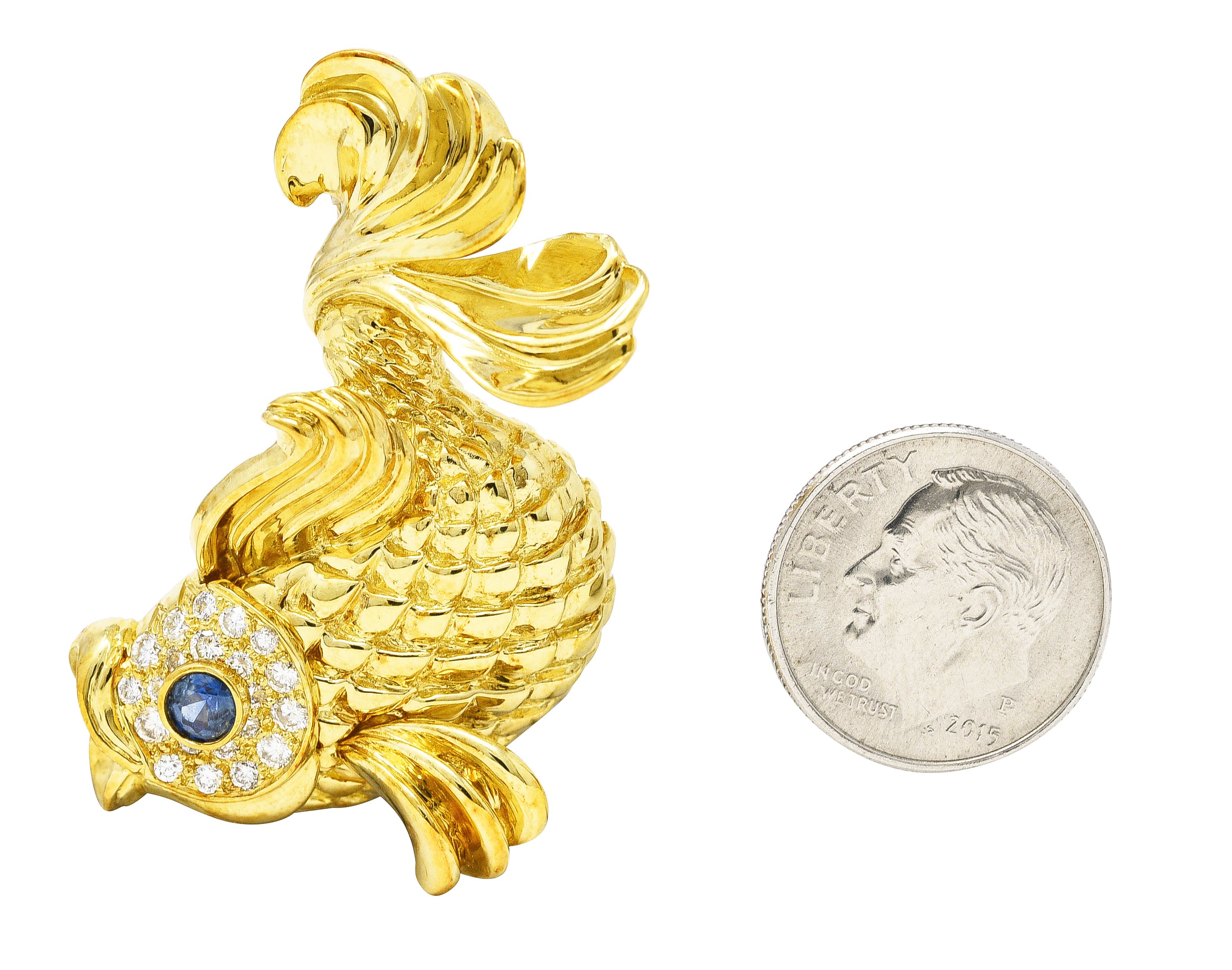 F.J. Cooper 1960's Diamond Sapphire 18 Karat Yellow Gold Koi Fish Vintage Brooch Wilson's Estate Jewelry