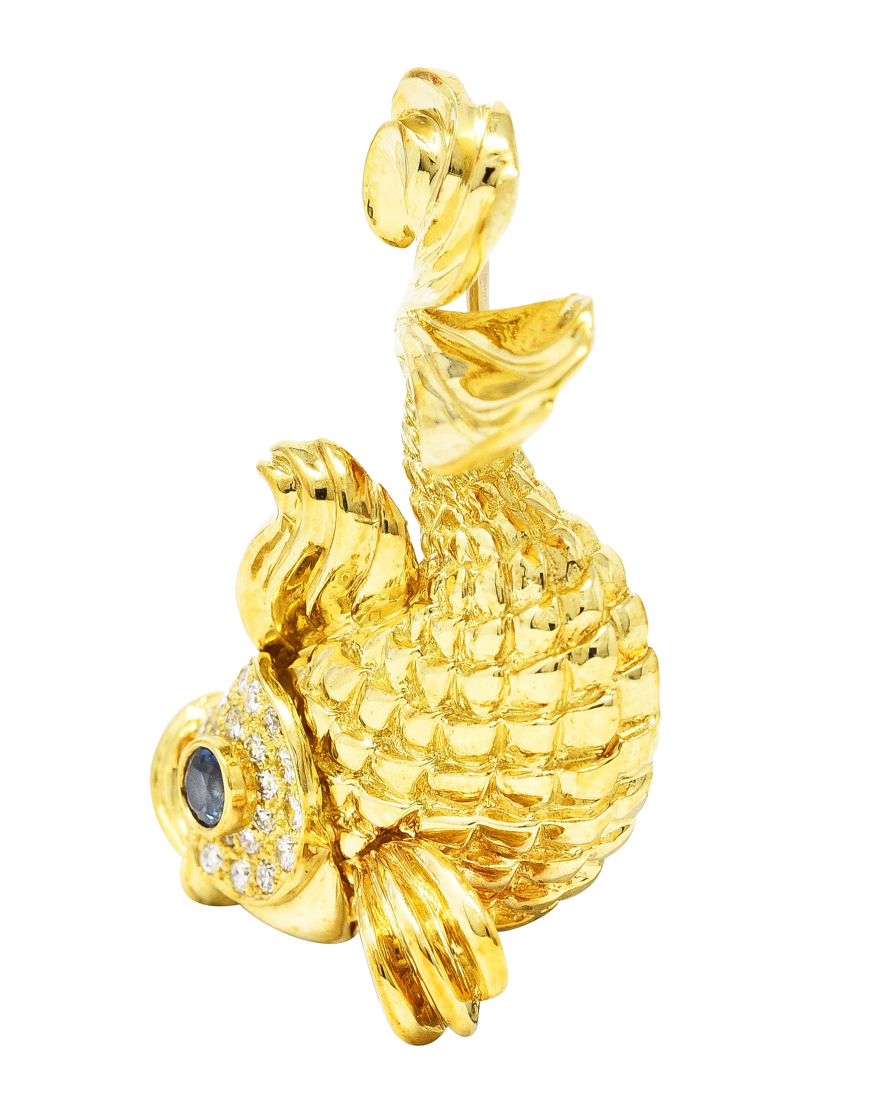 F.J. Cooper 1960's Diamond Sapphire 18 Karat Yellow Gold Koi Fish Vintage Brooch Wilson's Estate Jewelry