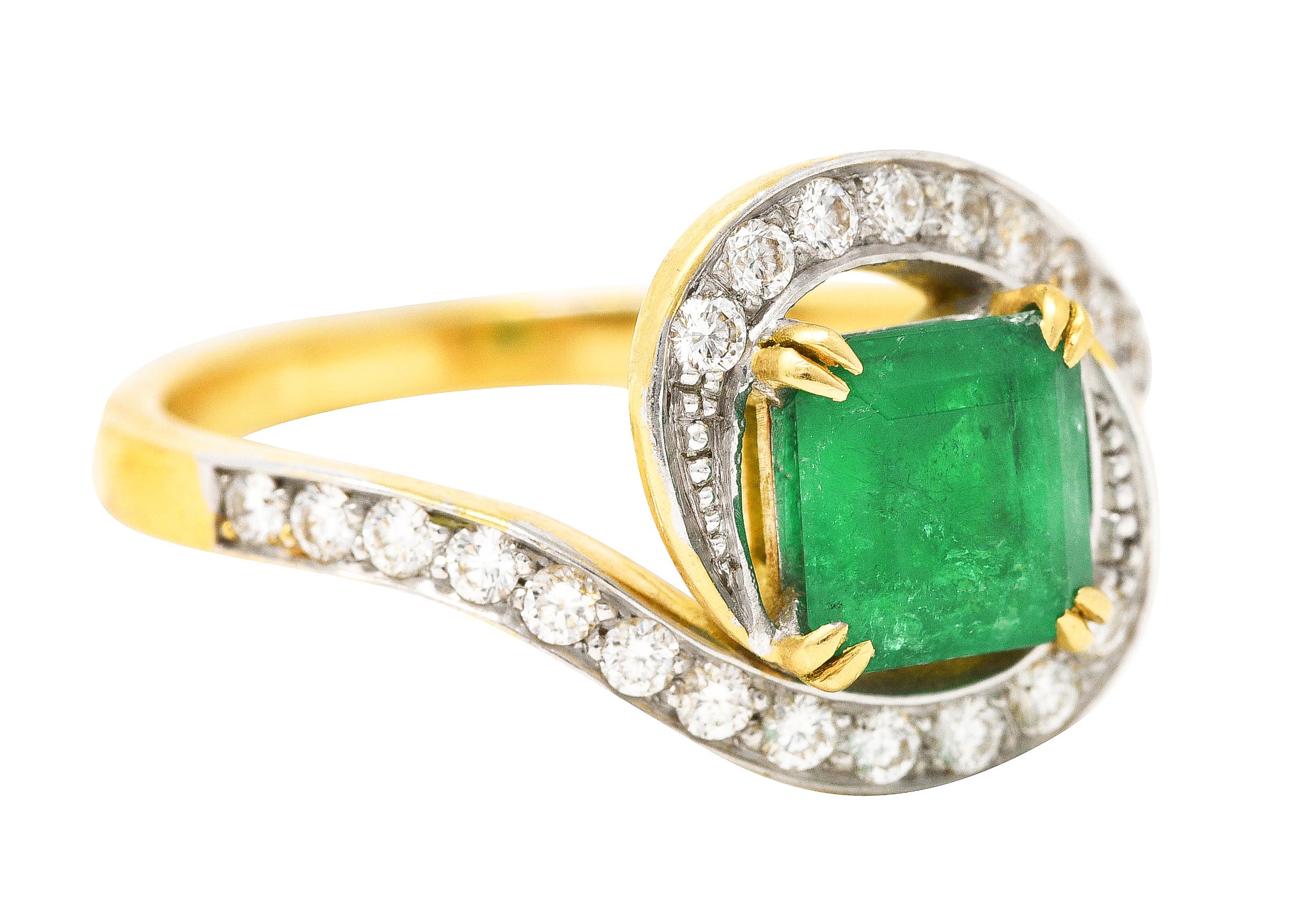 French Maison 1.57 CTW Emerald Diamond 18 Karat Yellow Gold Bypass Ring Wilson's Antique & Estate Jewelry