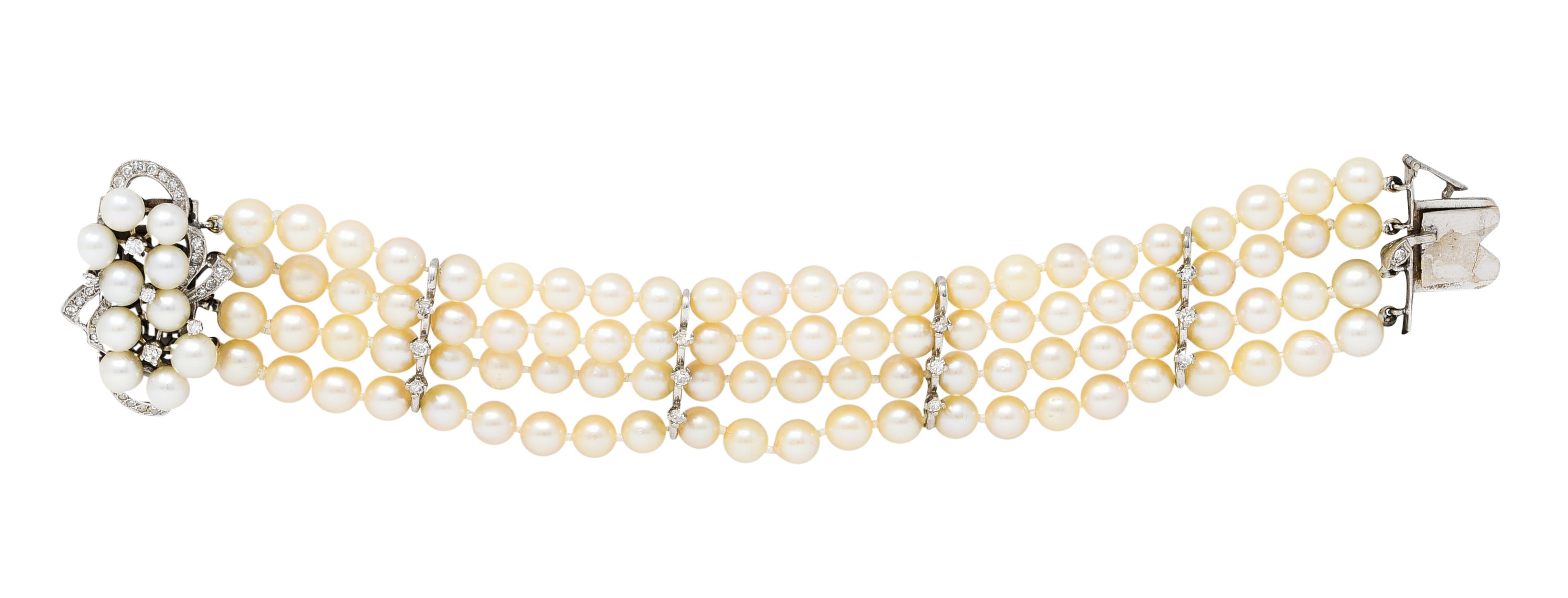 1950's Mid-Century Pearl 1.25 CTW Diamond 14 Karat White Gold Multi-Strand Braceletbracelet - Wilson's Estate Jewelry