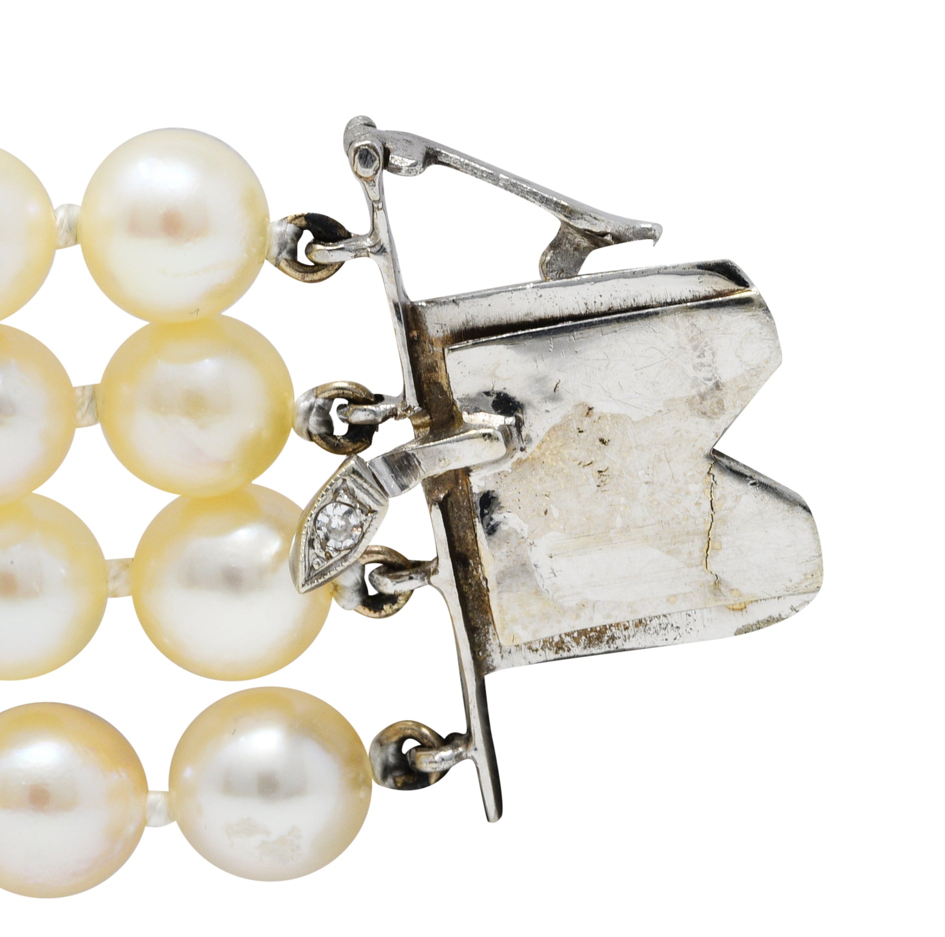 1950's Mid-Century Pearl 1.25 CTW Diamond 14 Karat White Gold Multi-Strand Braceletbracelet - Wilson's Estate Jewelry