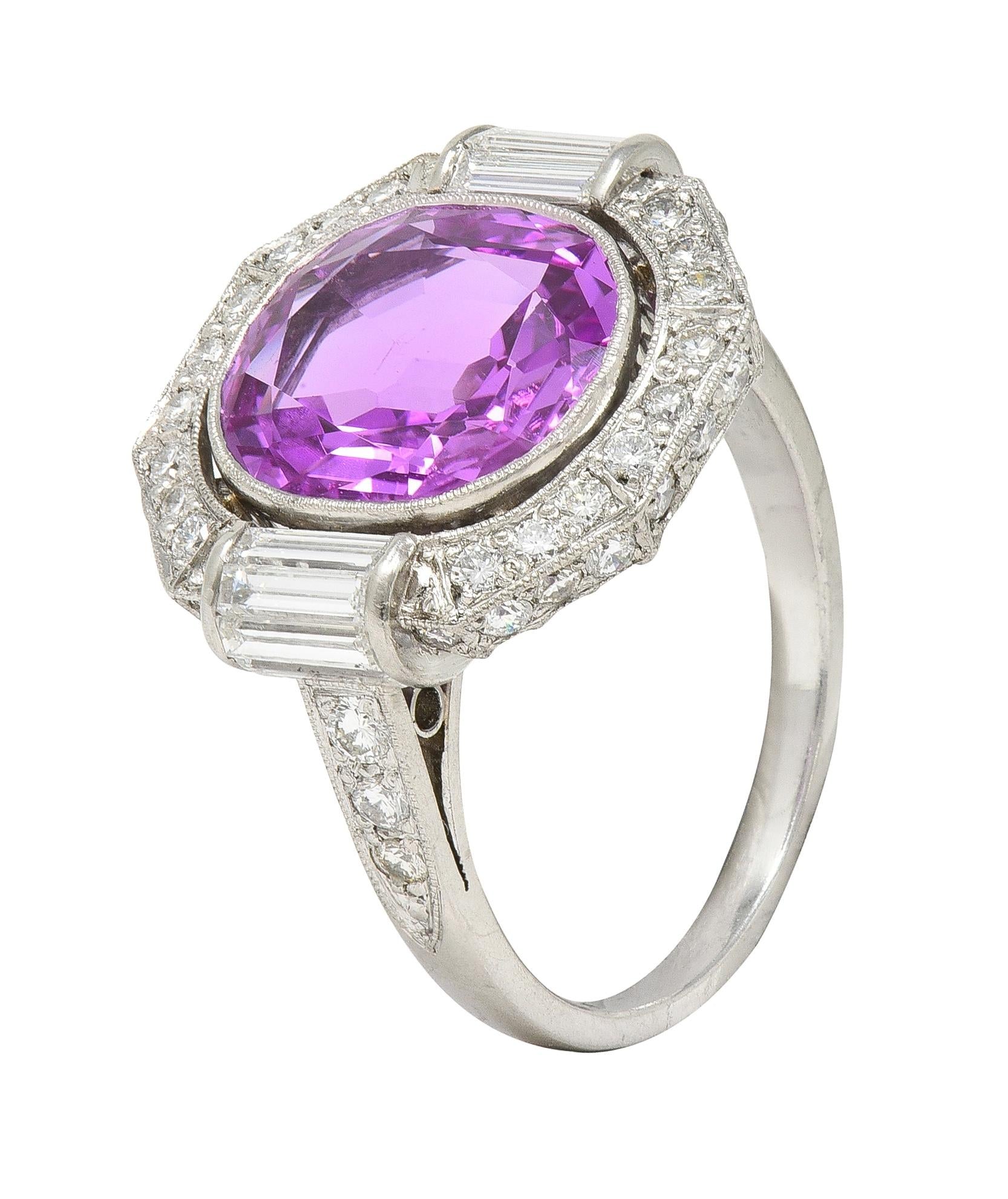 Mid-Century 6.64 CTW No Heat Ceylon Pink Sapphire Diamond Platinum Cluster Ring