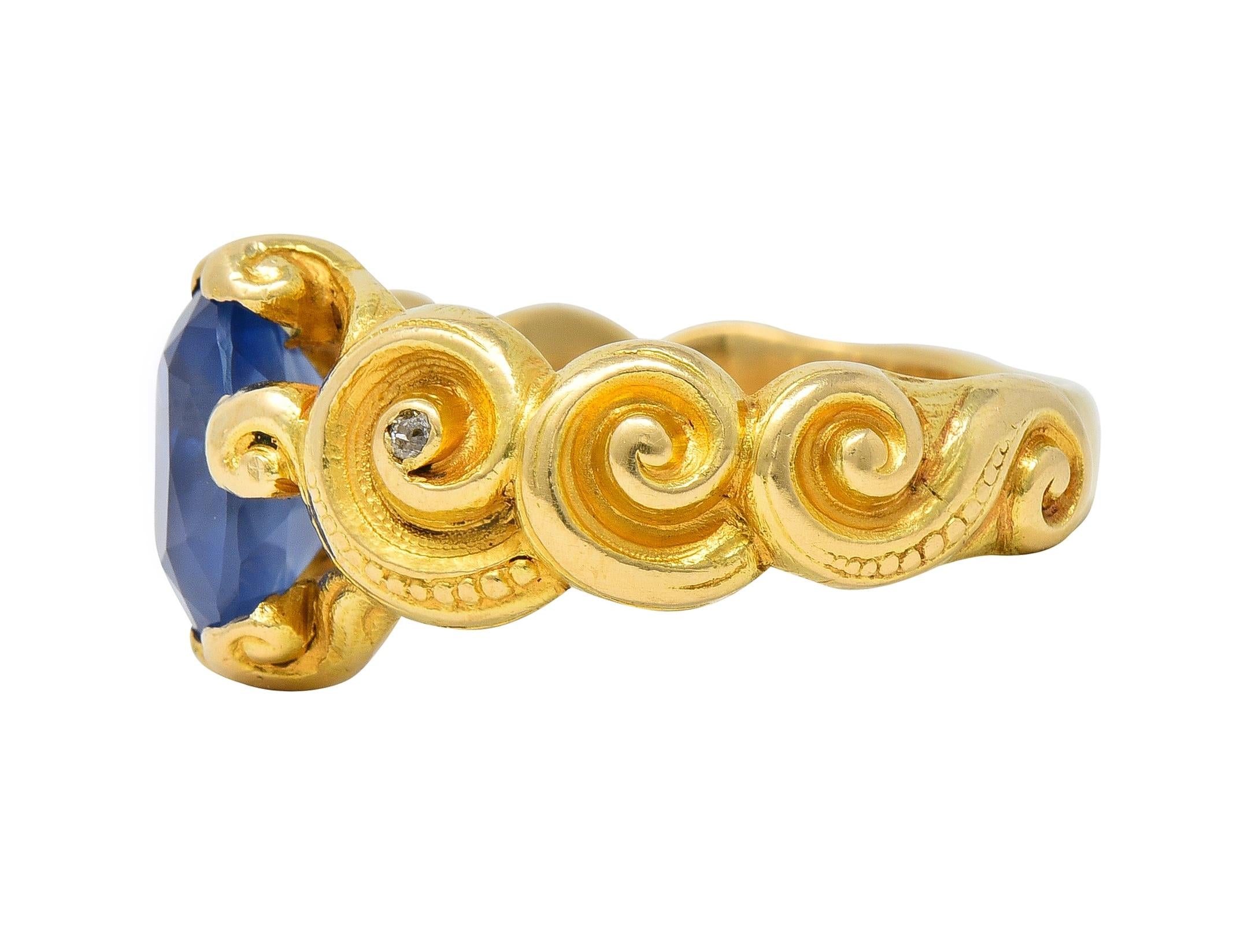 Art Nouveau 2.25 CTW Sapphire Diamond 18 Karat Yellow Gold Antique Swirl Ring