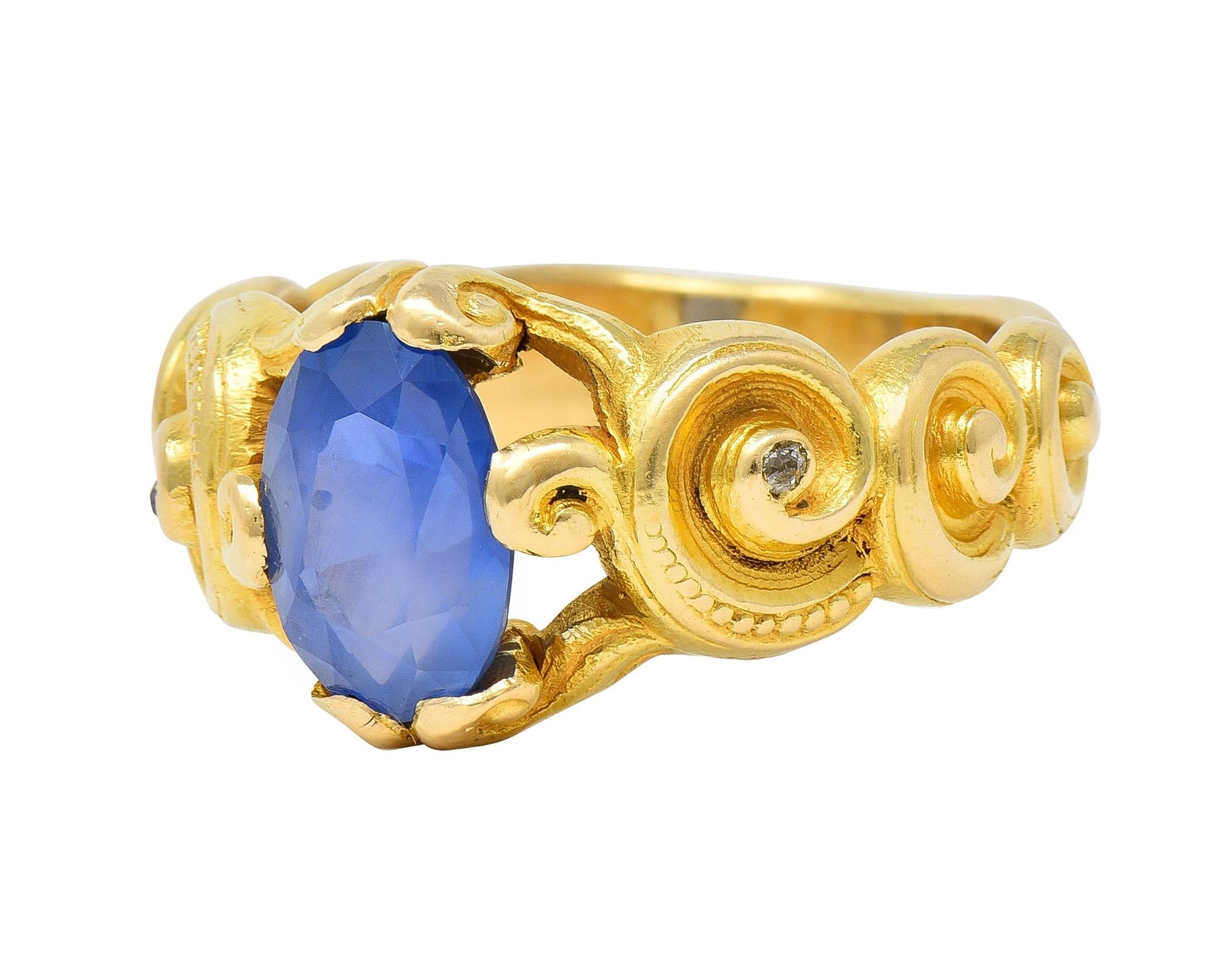 Art Nouveau 2.25 CTW Sapphire Diamond 18 Karat Yellow Gold Antique Swirl Ring