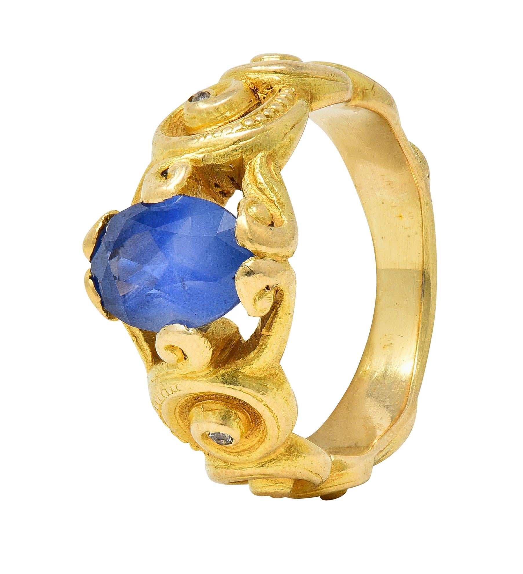 Art Nouveau 2.25 CTW Sapphire Diamond 18 Karat Yellow Gold Antique Swirl Ring