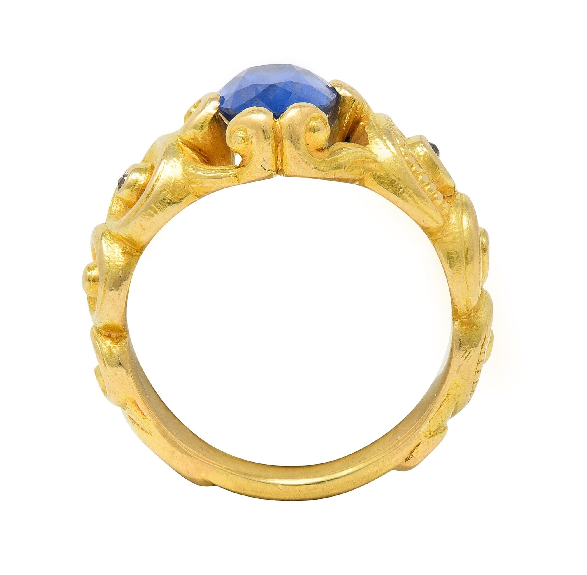 Art Nouveau 2.25 CTW Sapphire Diamond 18 Karat Yellow Gold Antique Swirl Ring