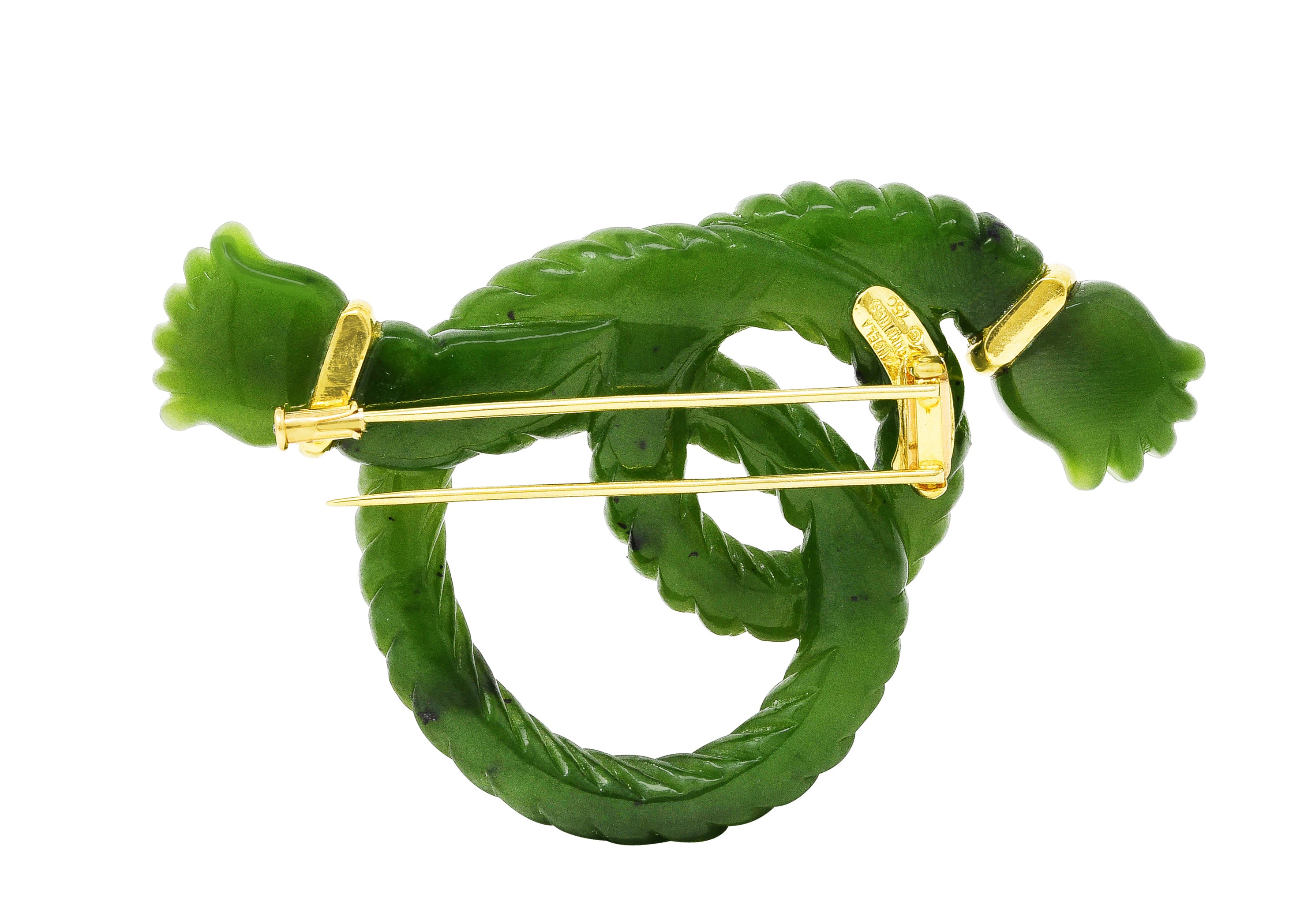 Angela Cummings Nephrite Jade 18 Karat Yellow Gold Rope Knot Vintage Brooch Wilson's Estate Jewelry