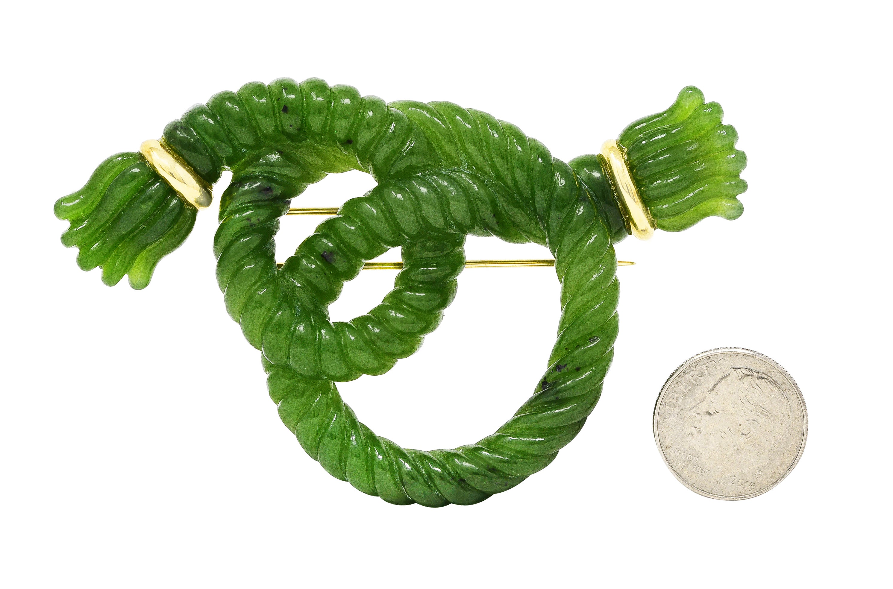 Angela Cummings Nephrite Jade 18 Karat Yellow Gold Rope Knot Vintage Brooch Wilson's Estate Jewelry