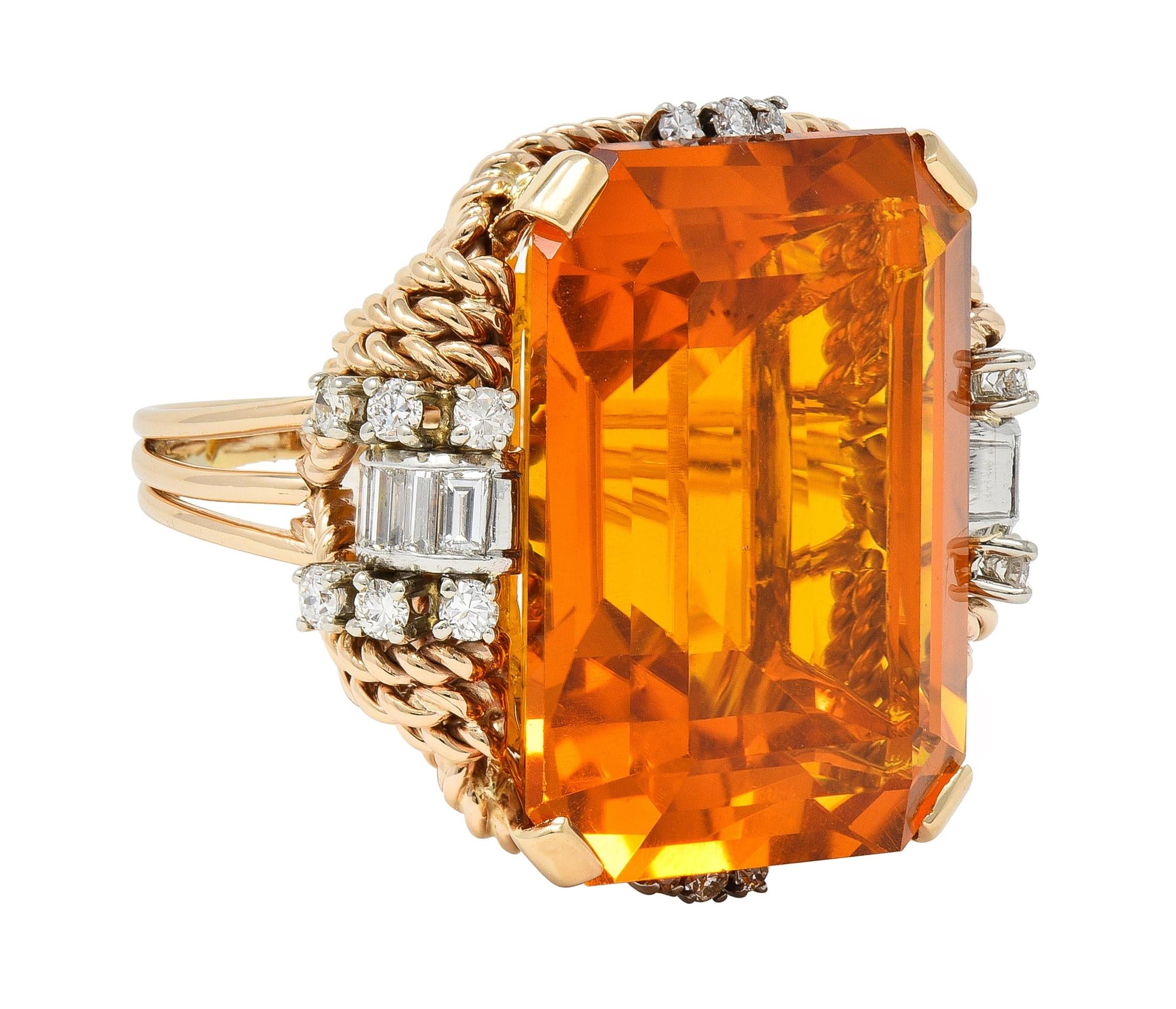 Retro 42.98 CTW Citrine Diamond 14 Karat Two-Tone Gold Rope Cocktail Ring