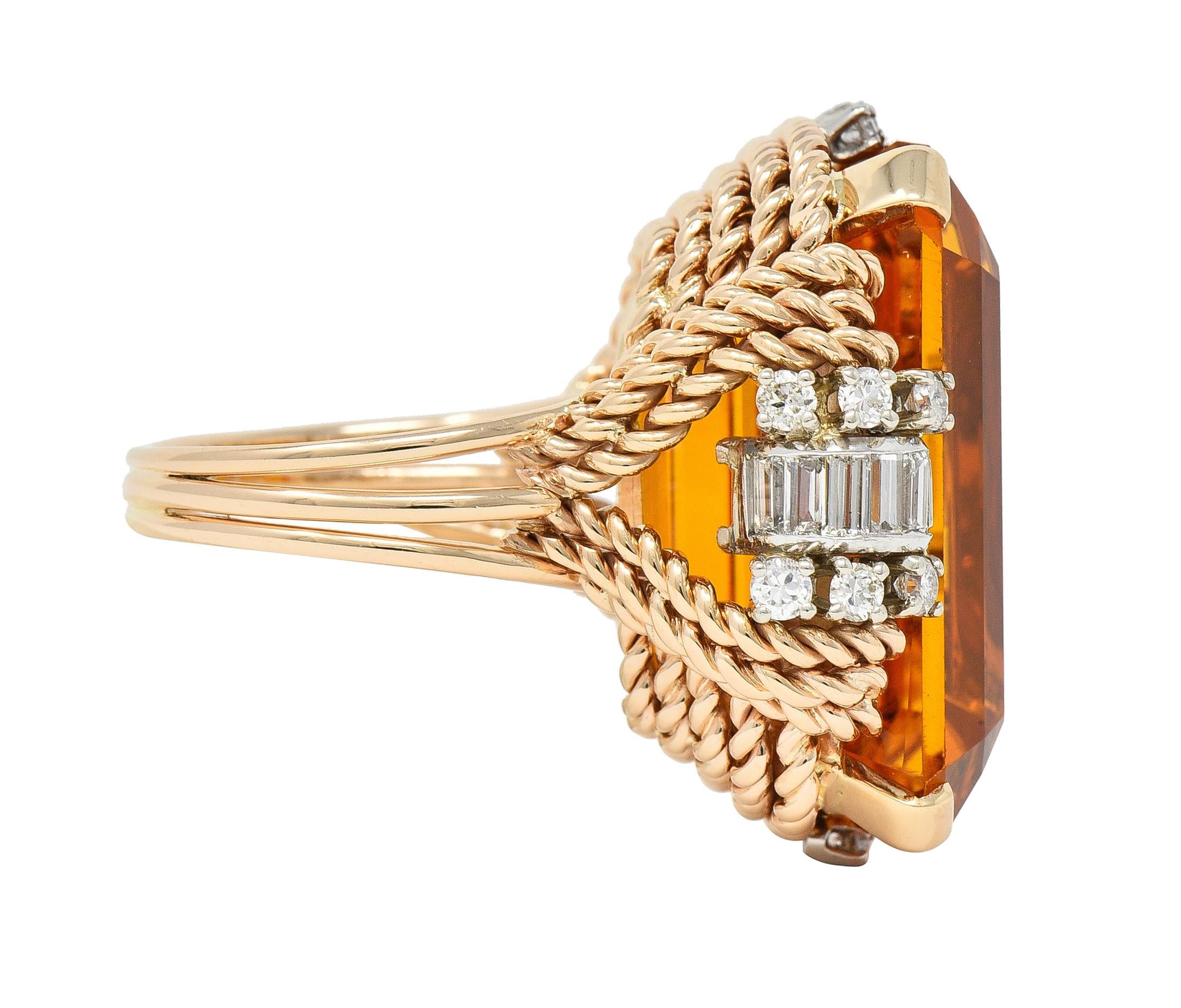 Retro 42.98 CTW Citrine Diamond 14 Karat Two-Tone Gold Rope Cocktail Ring