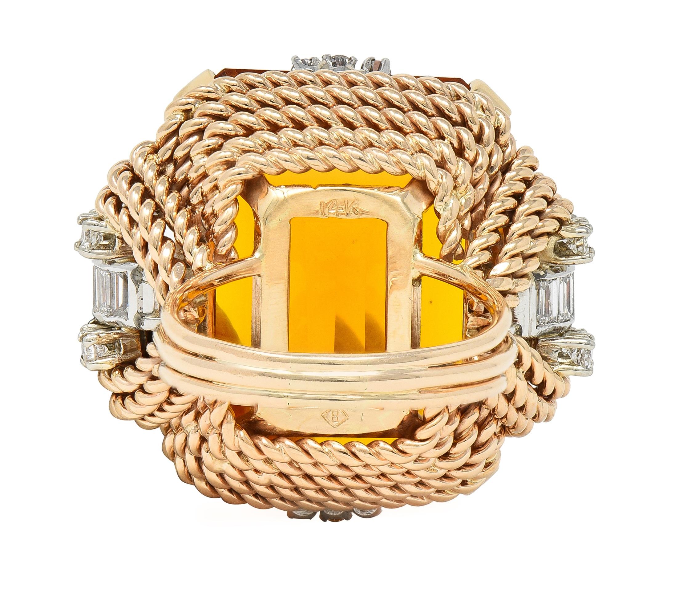 Retro 42.98 CTW Citrine Diamond 14 Karat Two-Tone Gold Rope Cocktail Ring