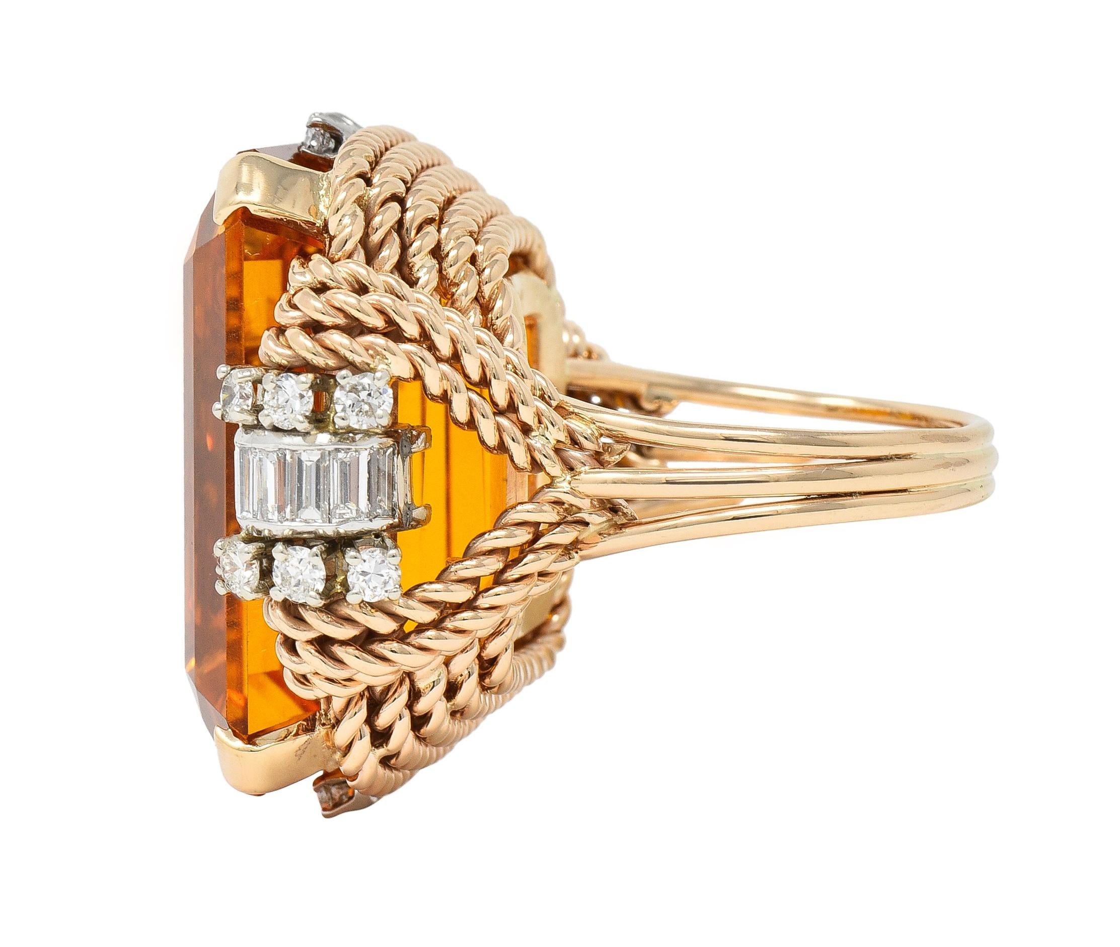 Retro 42.98 CTW Citrine Diamond 14 Karat Two-Tone Gold Rope Cocktail Ring