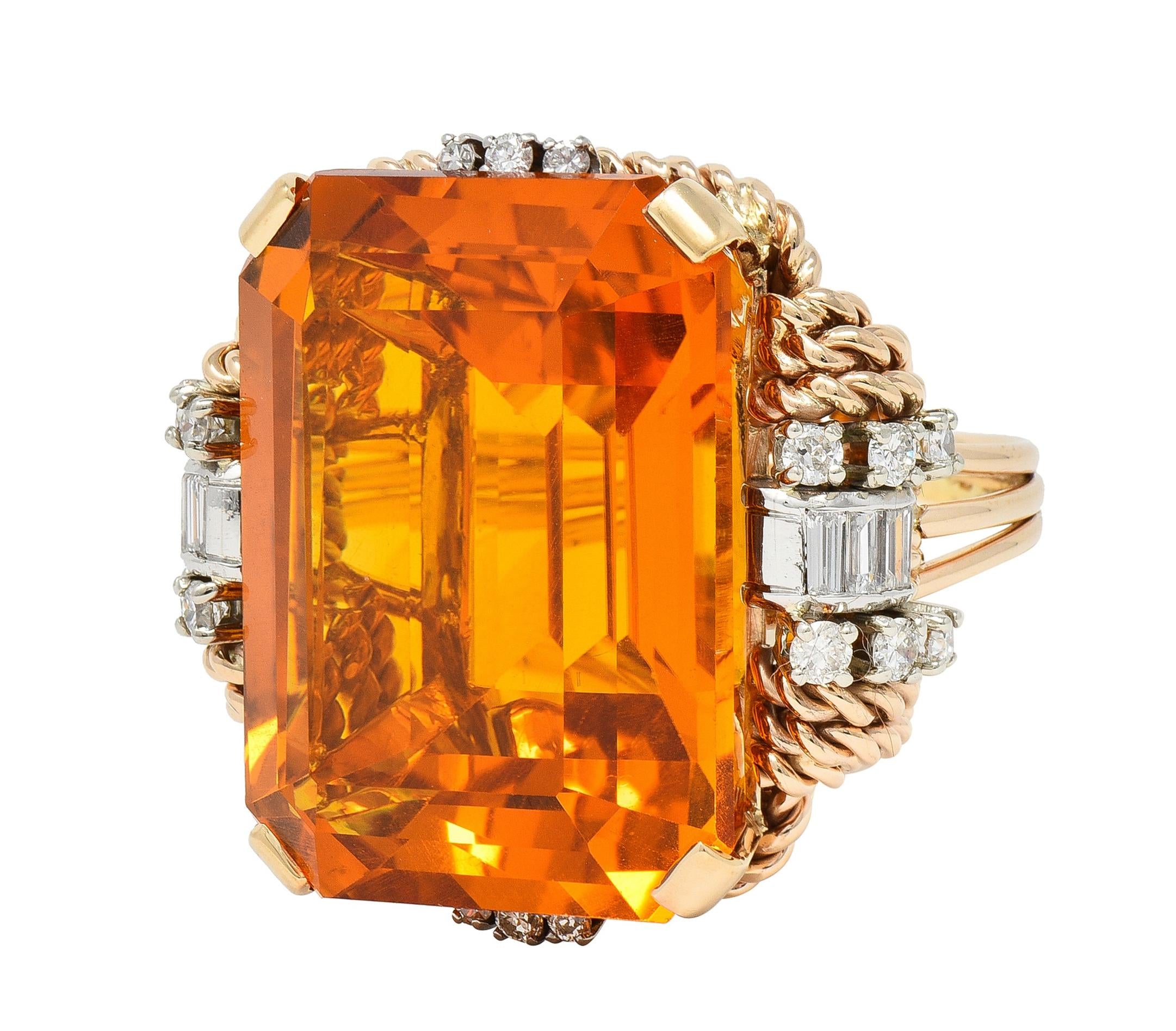 Retro 42.98 CTW Citrine Diamond 14 Karat Two-Tone Gold Rope Cocktail Ring