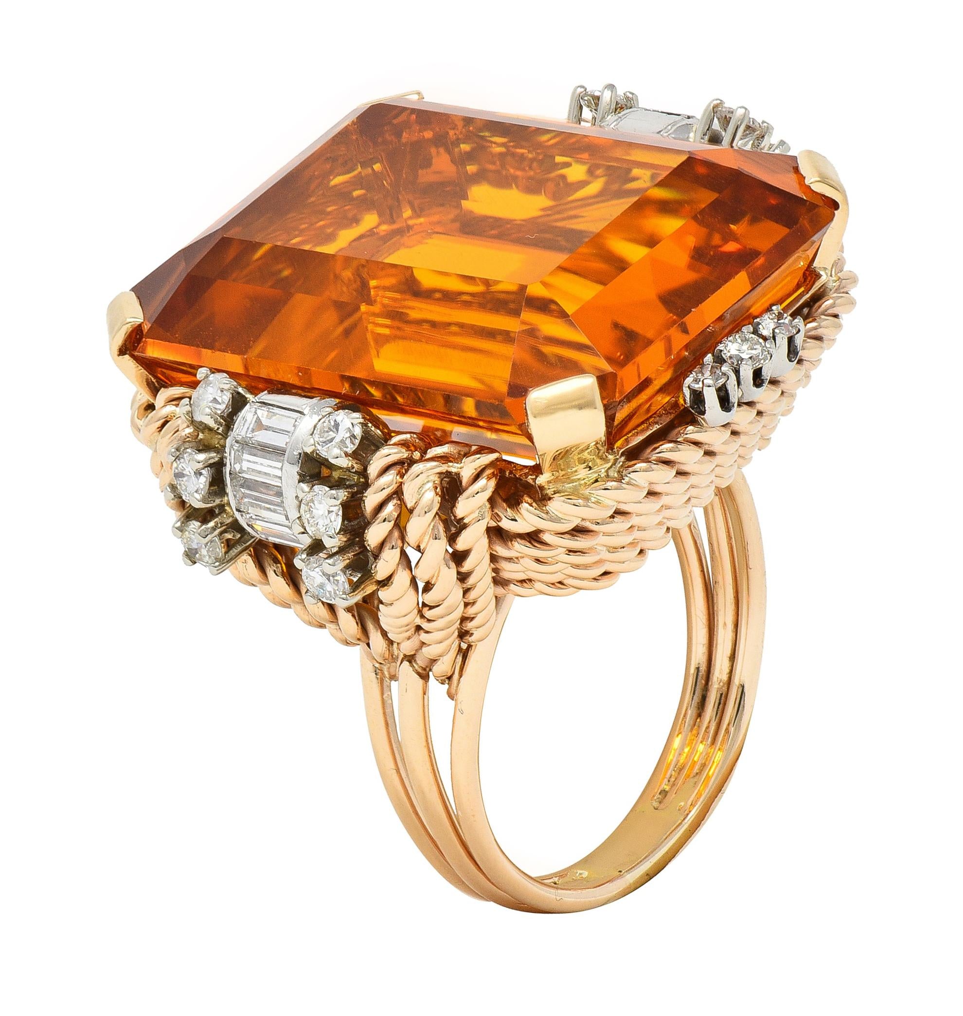 Retro 42.98 CTW Citrine Diamond 14 Karat Two-Tone Gold Rope Cocktail Ring