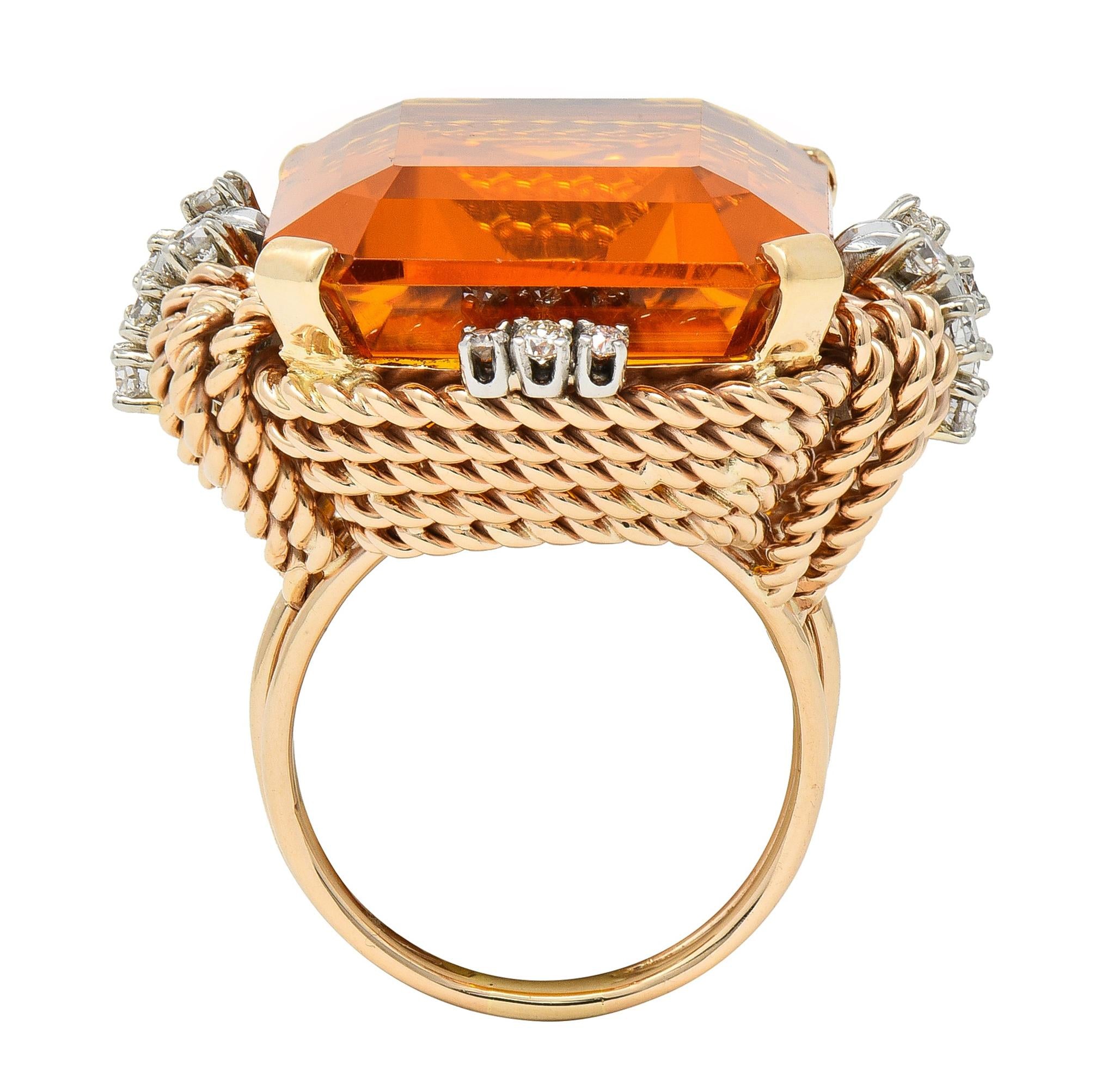 Retro 42.98 CTW Citrine Diamond 14 Karat Two-Tone Gold Rope Cocktail Ring