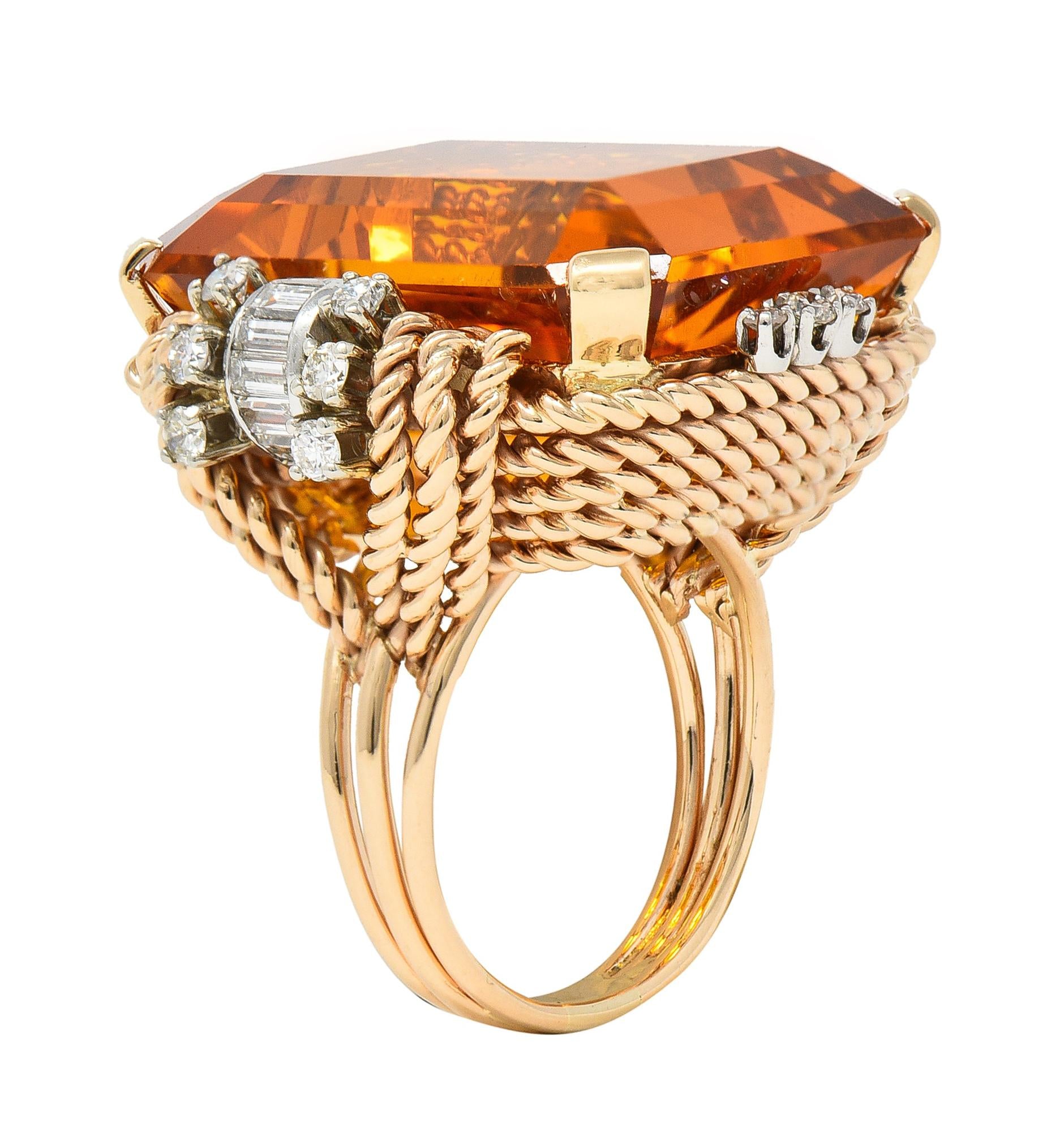 Retro 42.98 CTW Citrine Diamond 14 Karat Two-Tone Gold Rope Cocktail Ring