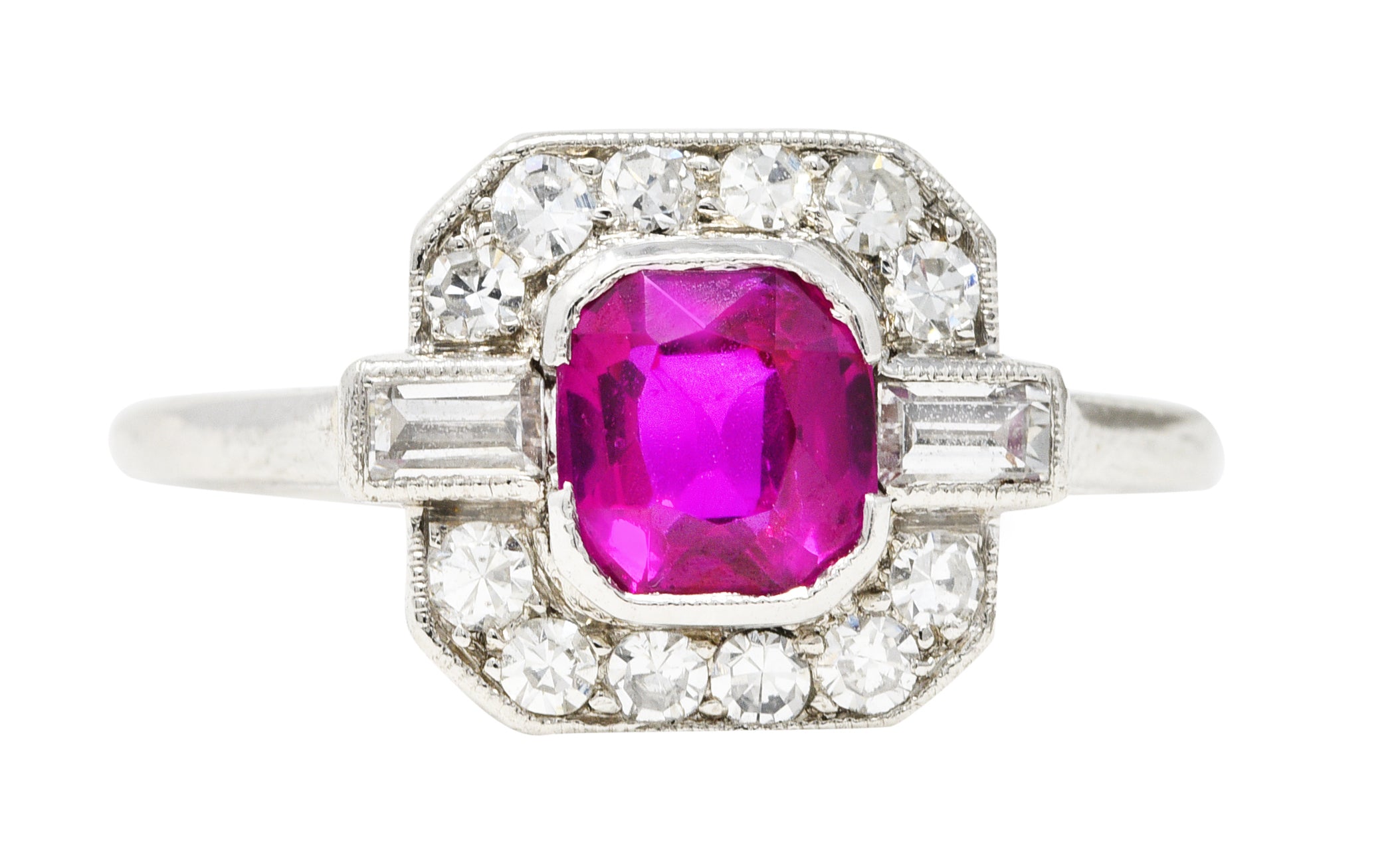 1930's Art Deco 1.15 CTW No Heat Burma Ruby Diamond Platinum Cushion Halo Gemstone Ring GIA Wilson's Estate Jewelry