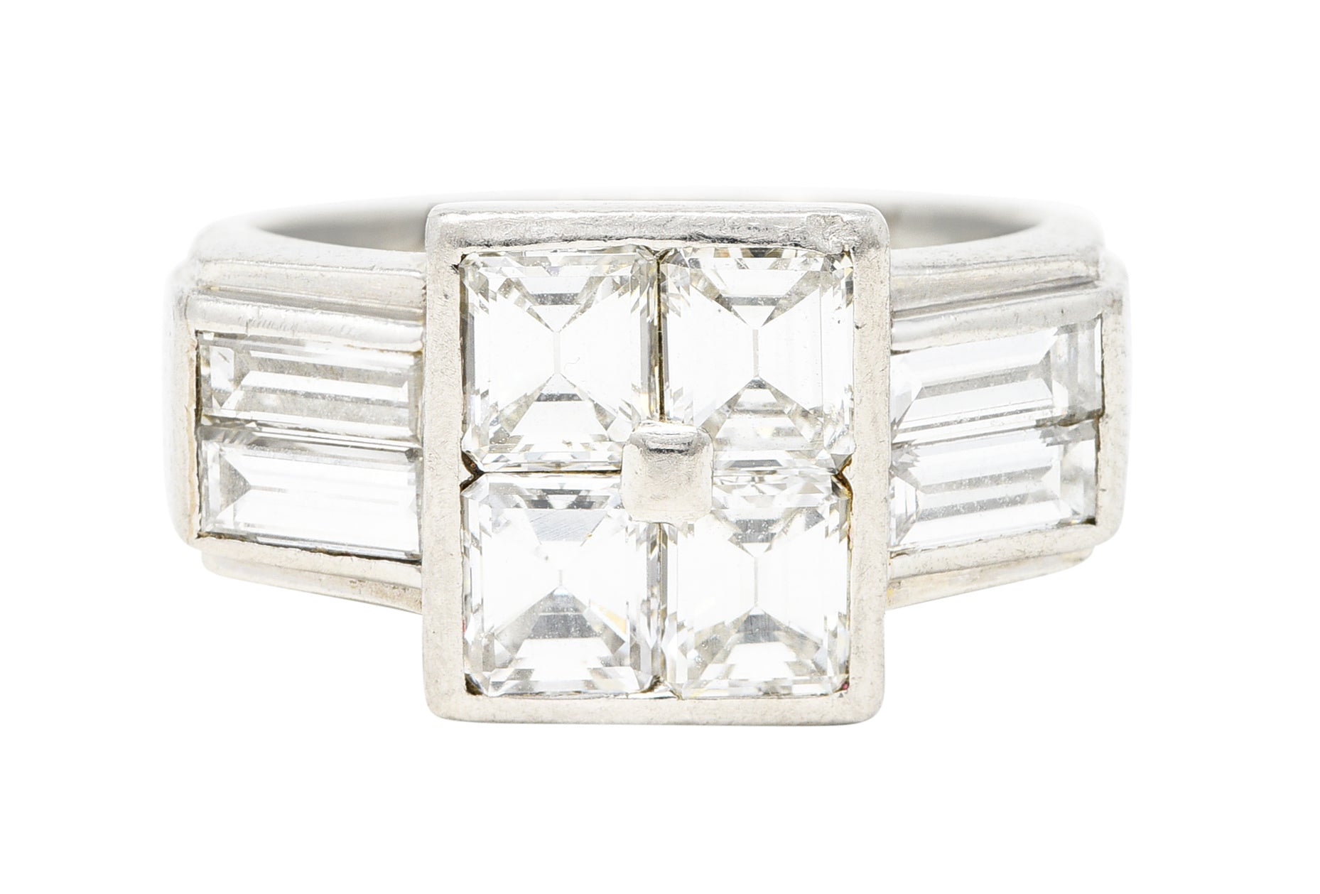 1950's French Mid-Century 3.00 CTW Emerald Cut Diamond Platinum Vintage Mystery Set Ring Wilson's Estate Jewelry