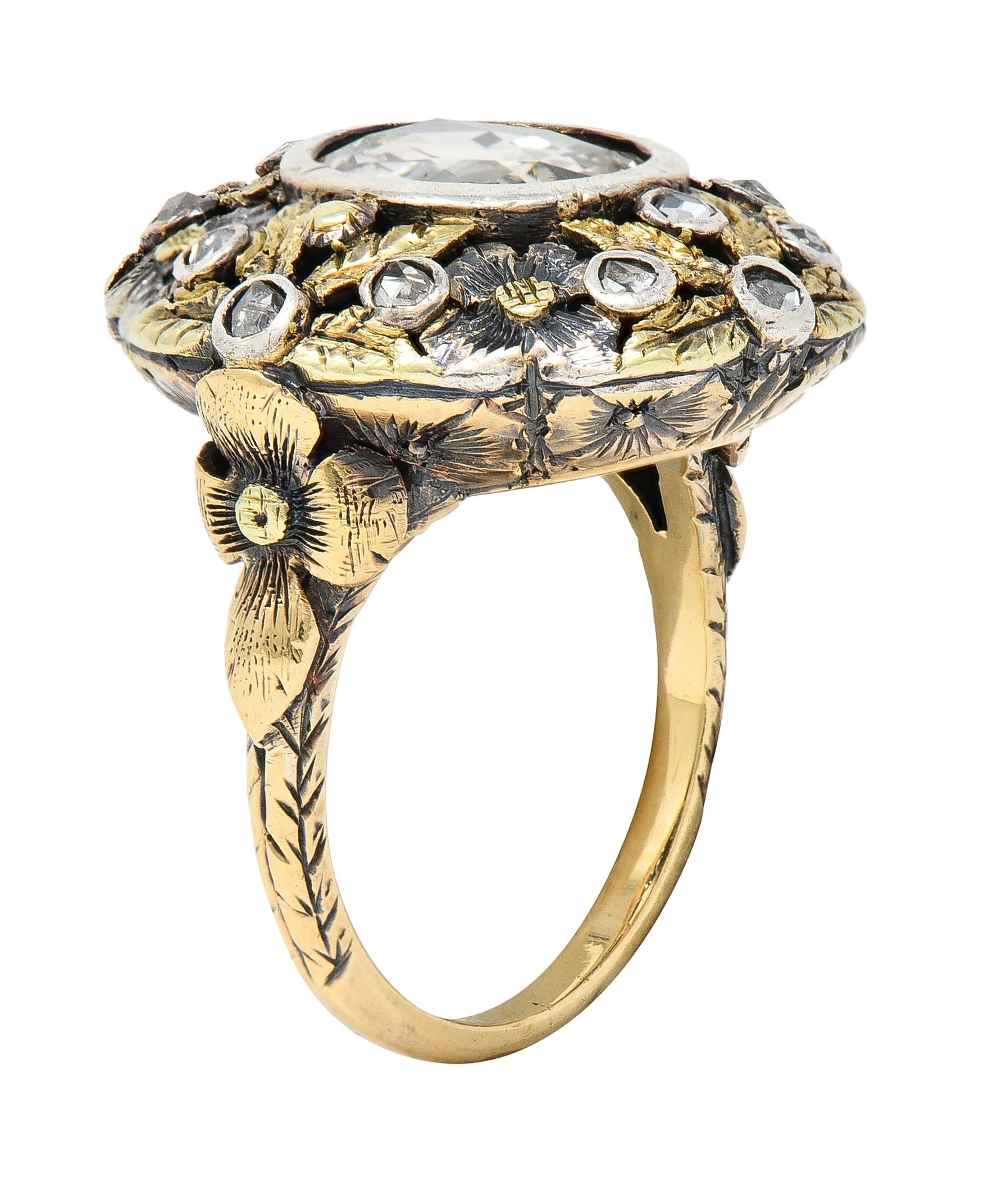 Arts & Crafts 1.26 CTW Rose Cut Diamond Silver-Topped 14 Karat Gold Floral Ring