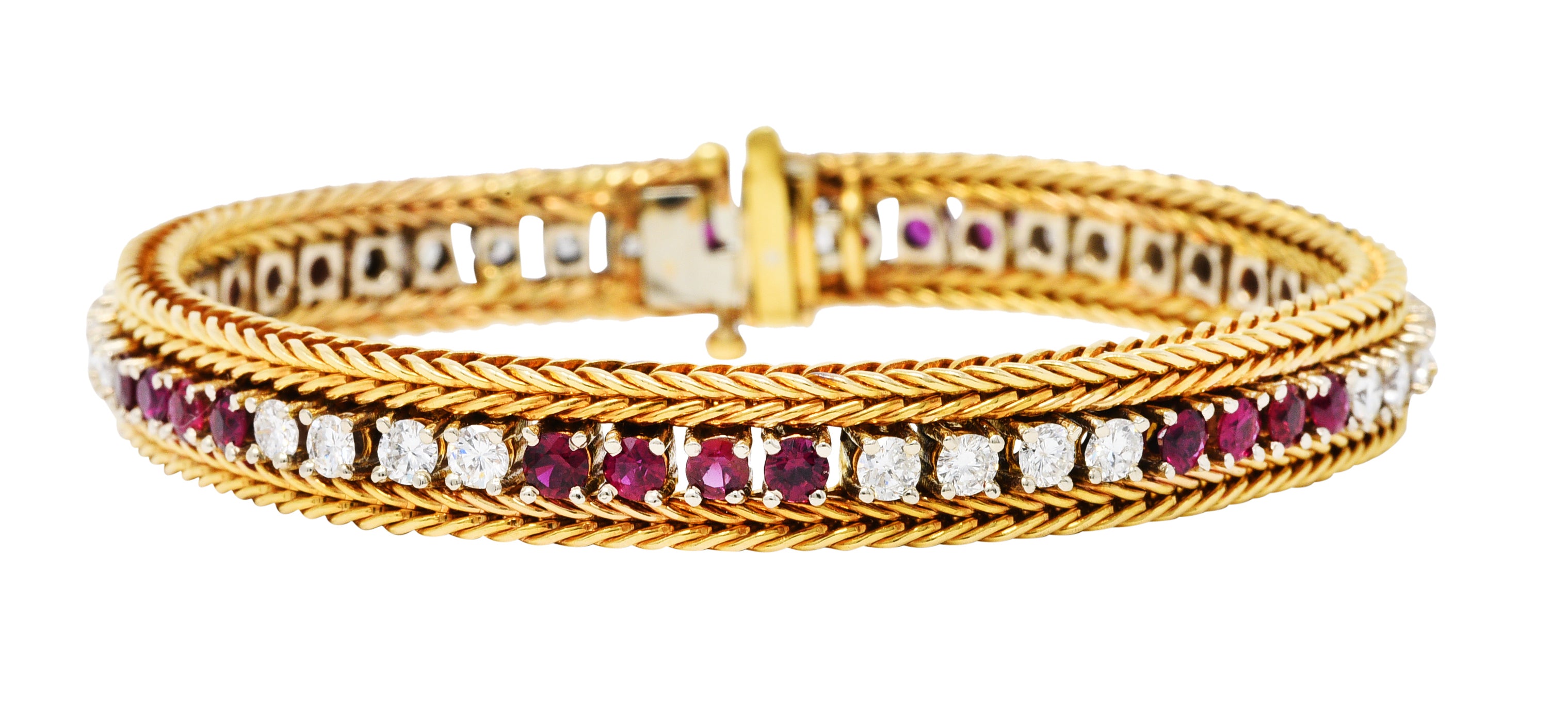 Vintage 5.00 CTW Diamond Ruby 18 Karat Two-Tone Gold Wheat Line Braceletbracelet - Wilson's Estate Jewelry