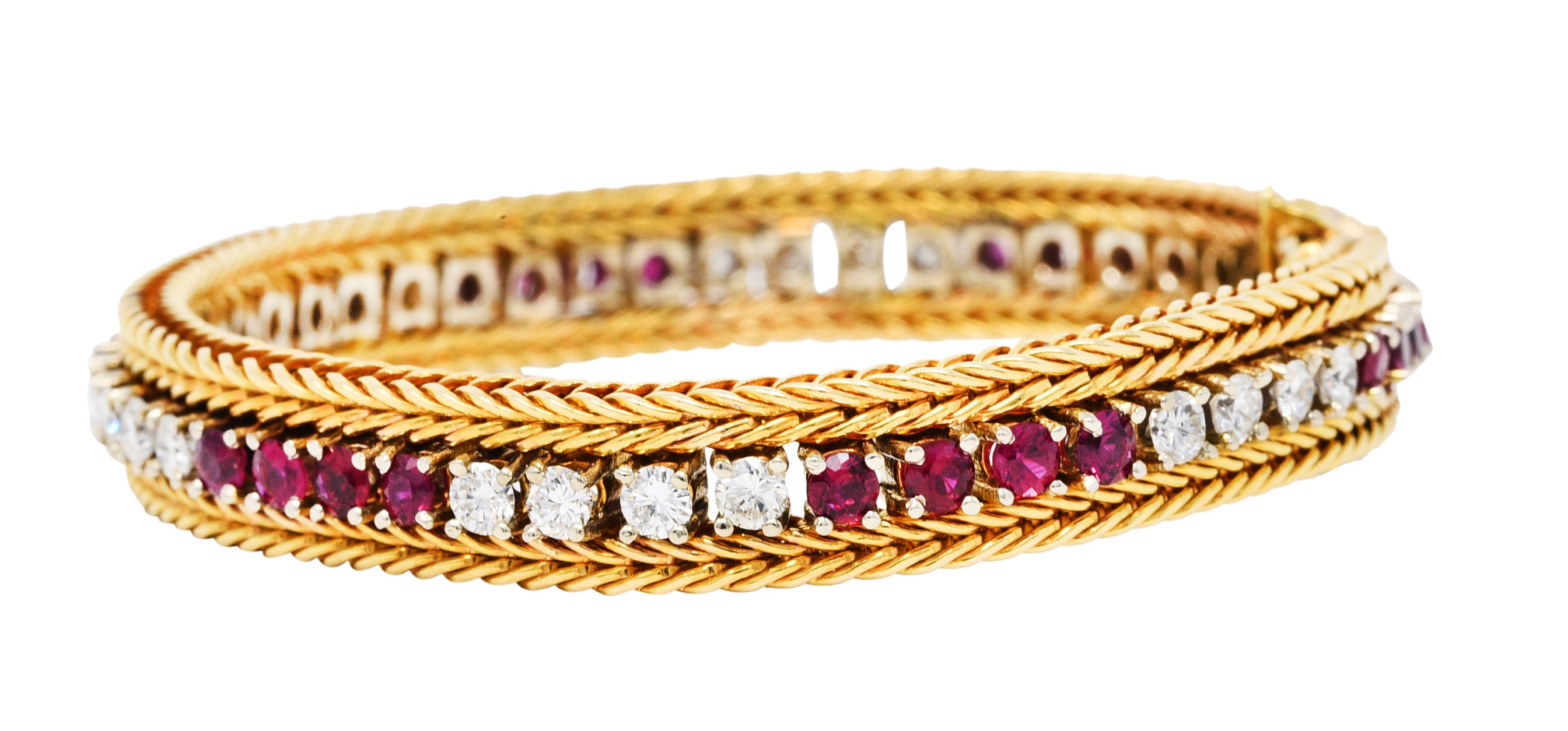 Vintage 5.00 CTW Diamond Ruby 18 Karat Two-Tone Gold Wheat Line Braceletbracelet - Wilson's Estate Jewelry