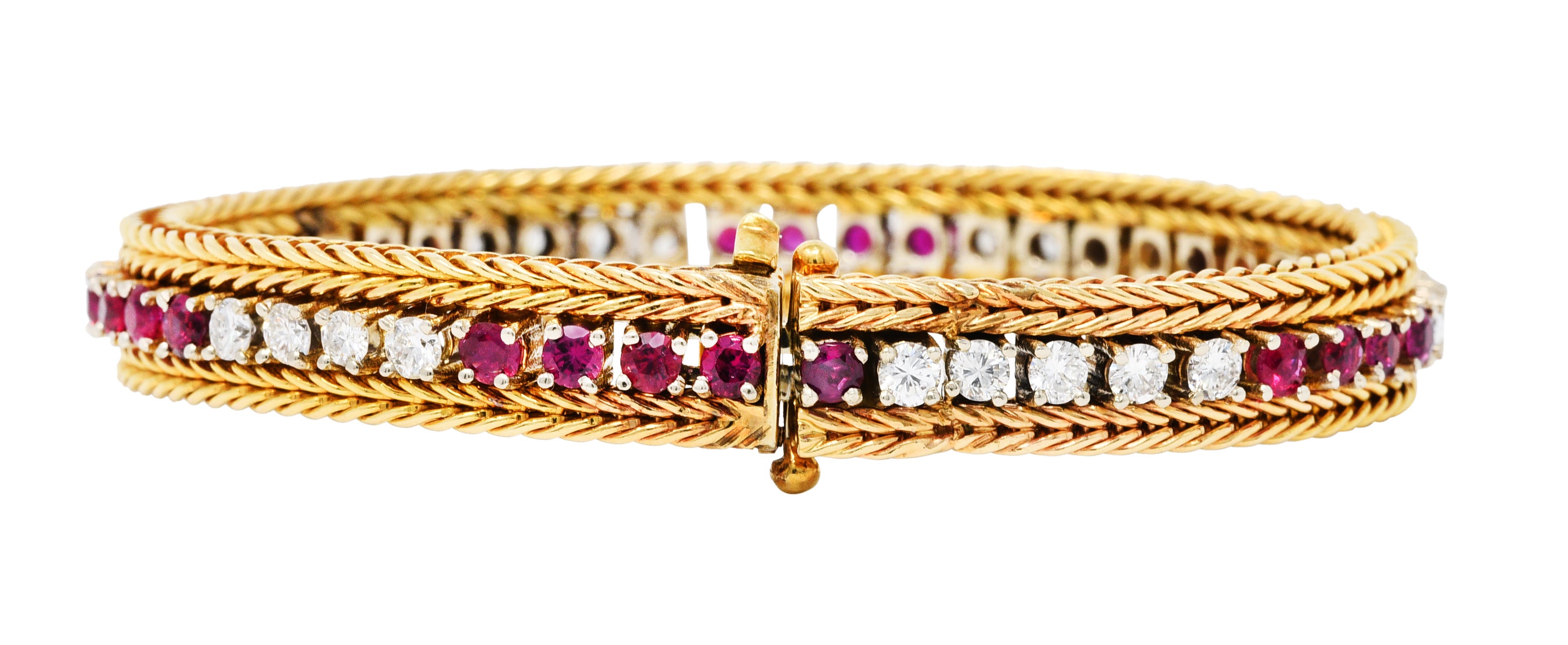 Vintage 5.00 CTW Diamond Ruby 18 Karat Two-Tone Gold Wheat Line Braceletbracelet - Wilson's Estate Jewelry