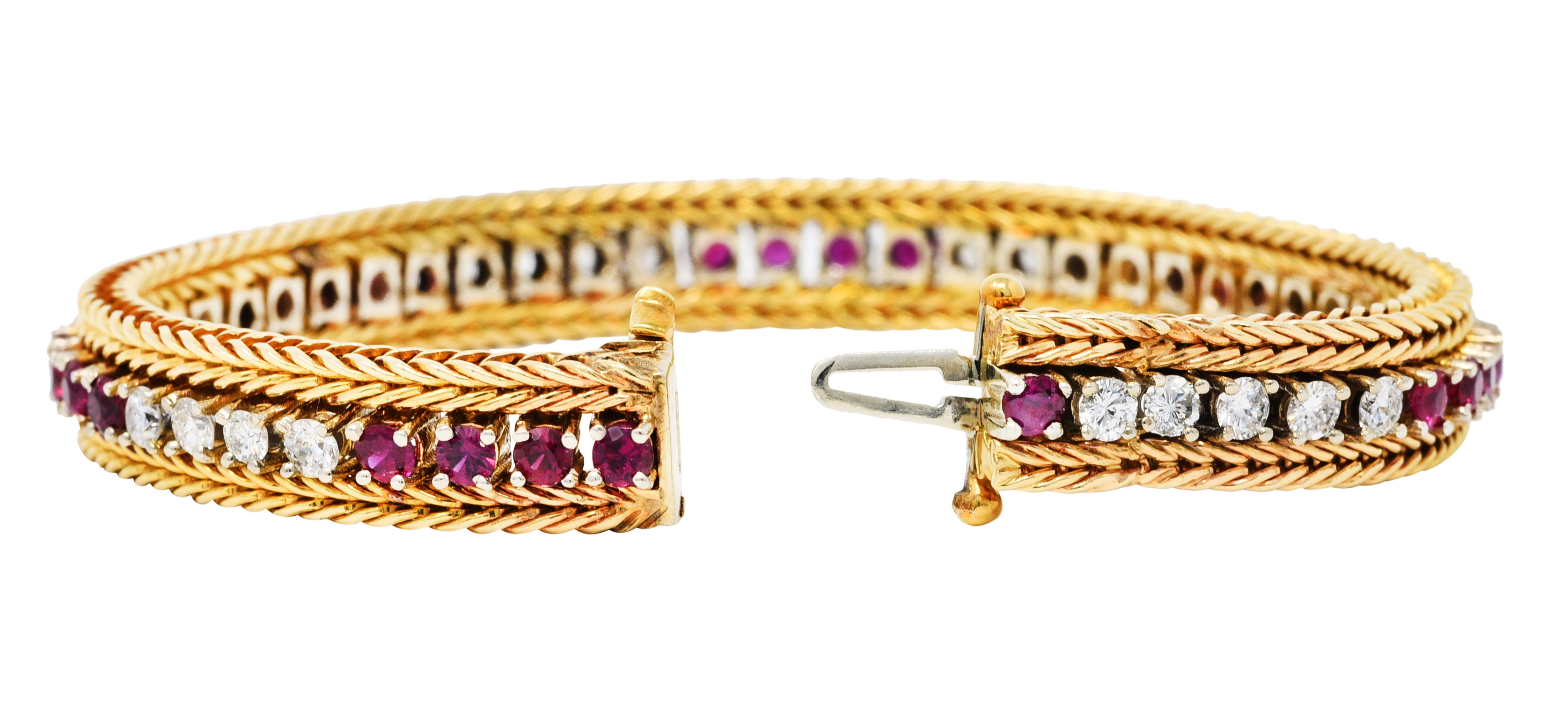 Vintage 5.00 CTW Diamond Ruby 18 Karat Two-Tone Gold Wheat Line Braceletbracelet - Wilson's Estate Jewelry