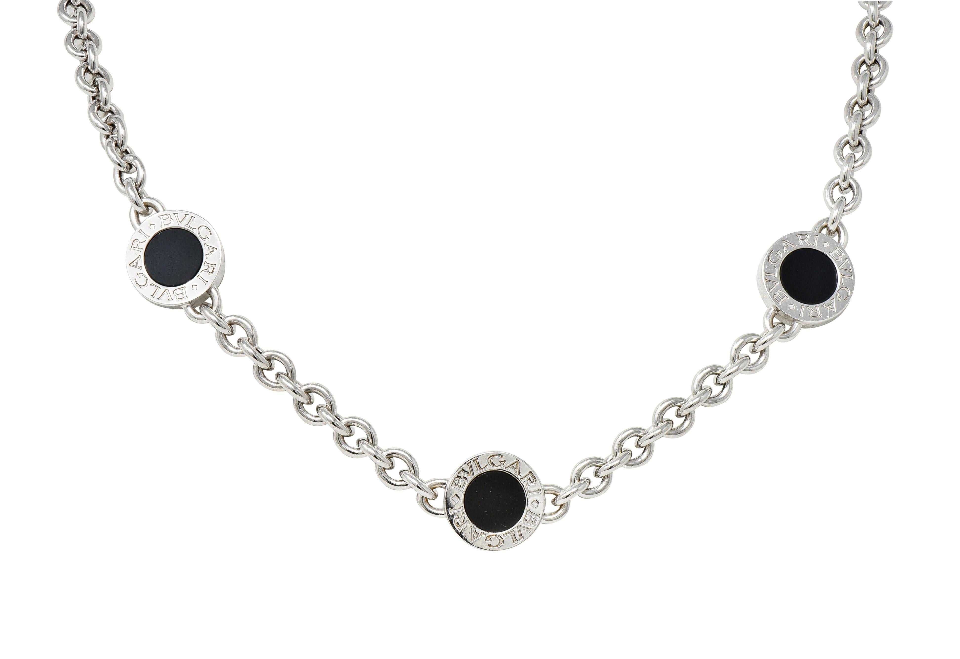 Bulgari 1990's Onyx 18 Karat White Gold Chain Link Vintage Station Necklace