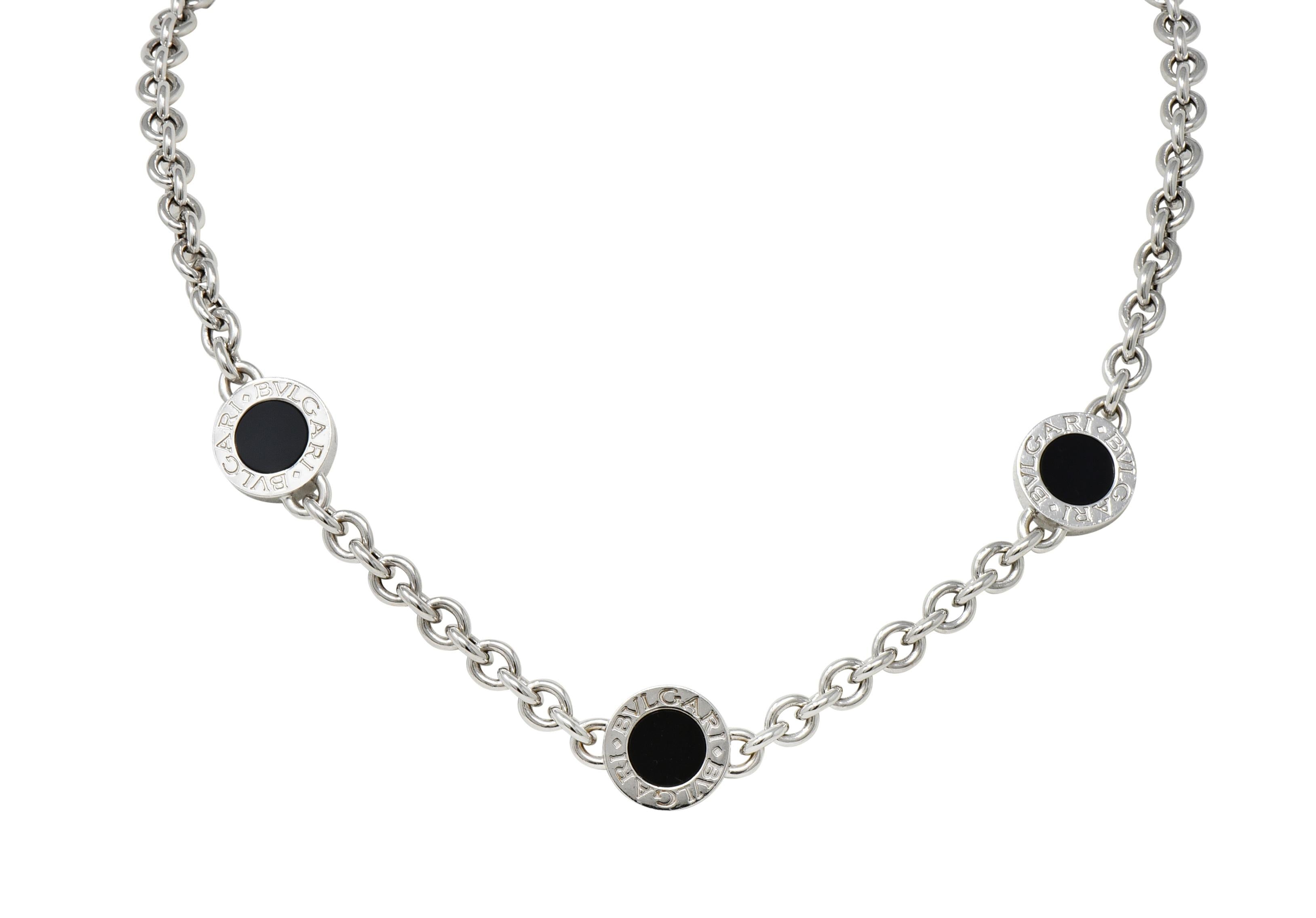 Bulgari 1990's Onyx 18 Karat White Gold Chain Link Vintage Station Necklace