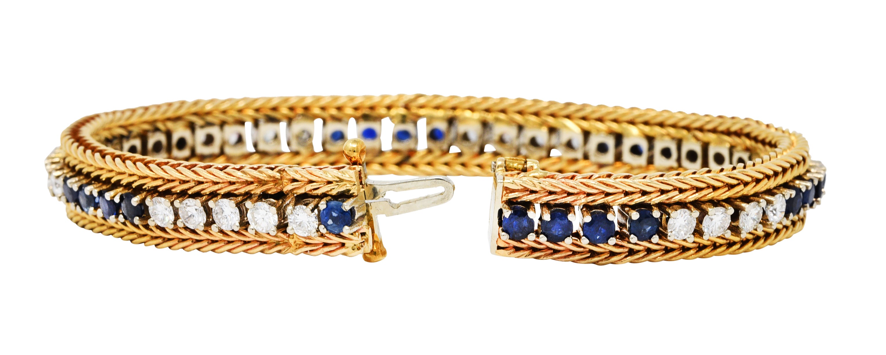 Vintage 5.00 CTW Diamond Sapphire 18 Karat Two-Tone Gold Wheat Line Braceletbracelet - Wilson's Estate Jewelry