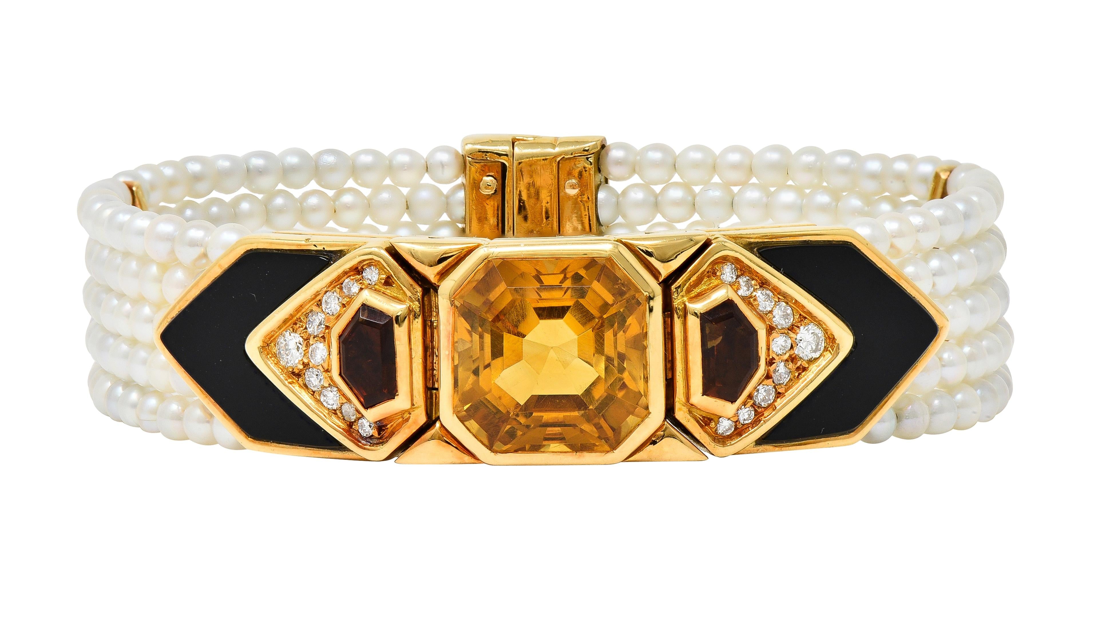 Marina B. French 1986 Citrine Diamond Onyx Pearl 18 Karat Gold Station Bracelet