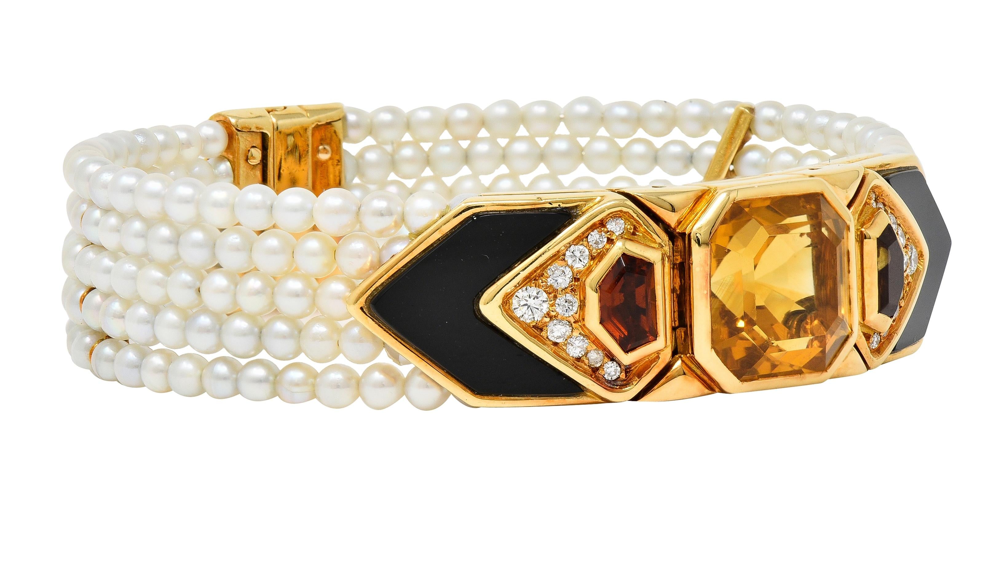 Marina B. French 1986 Citrine Diamond Onyx Pearl 18 Karat Gold Station Bracelet