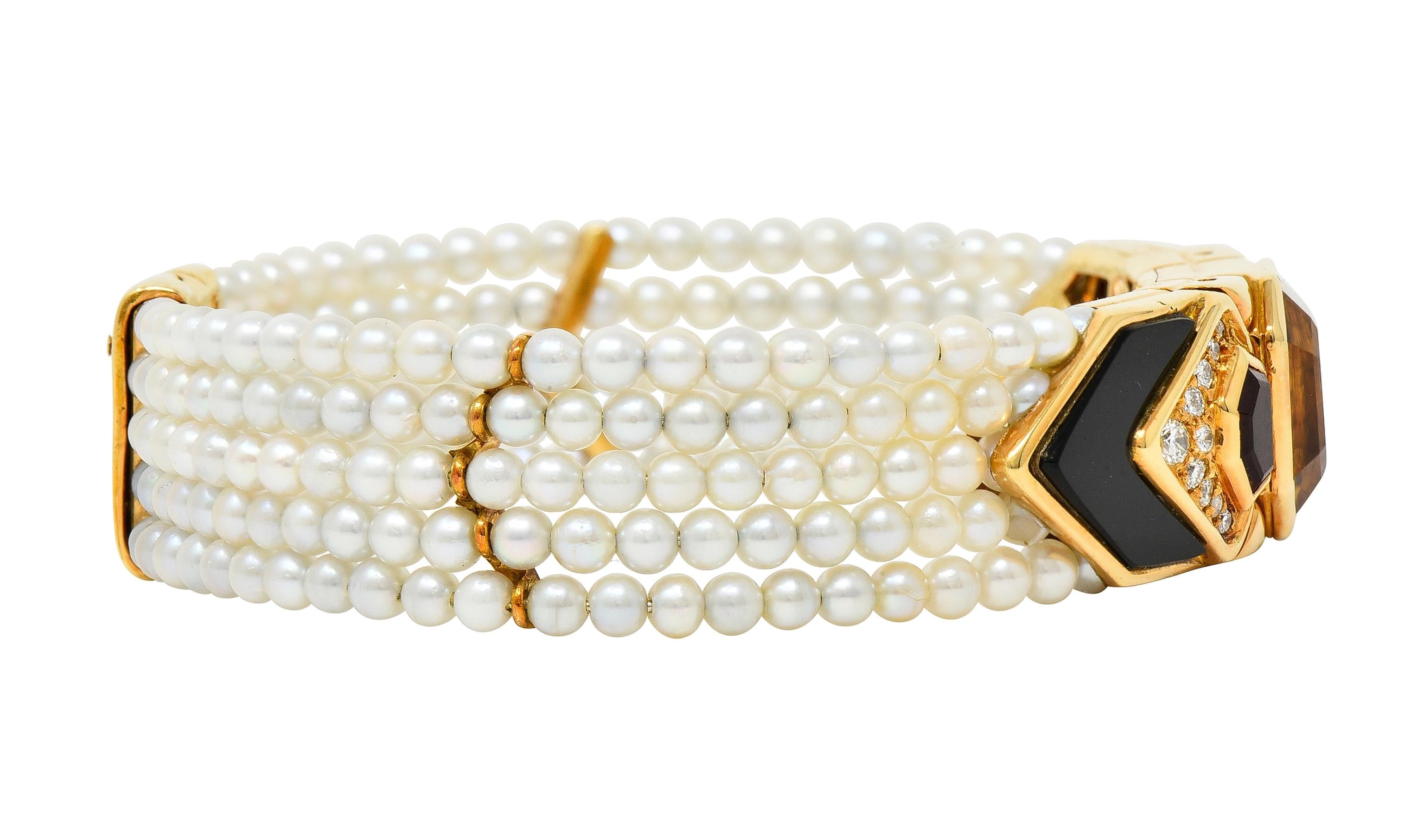 Marina B. French 1986 Citrine Diamond Onyx Pearl 18 Karat Gold Station Bracelet