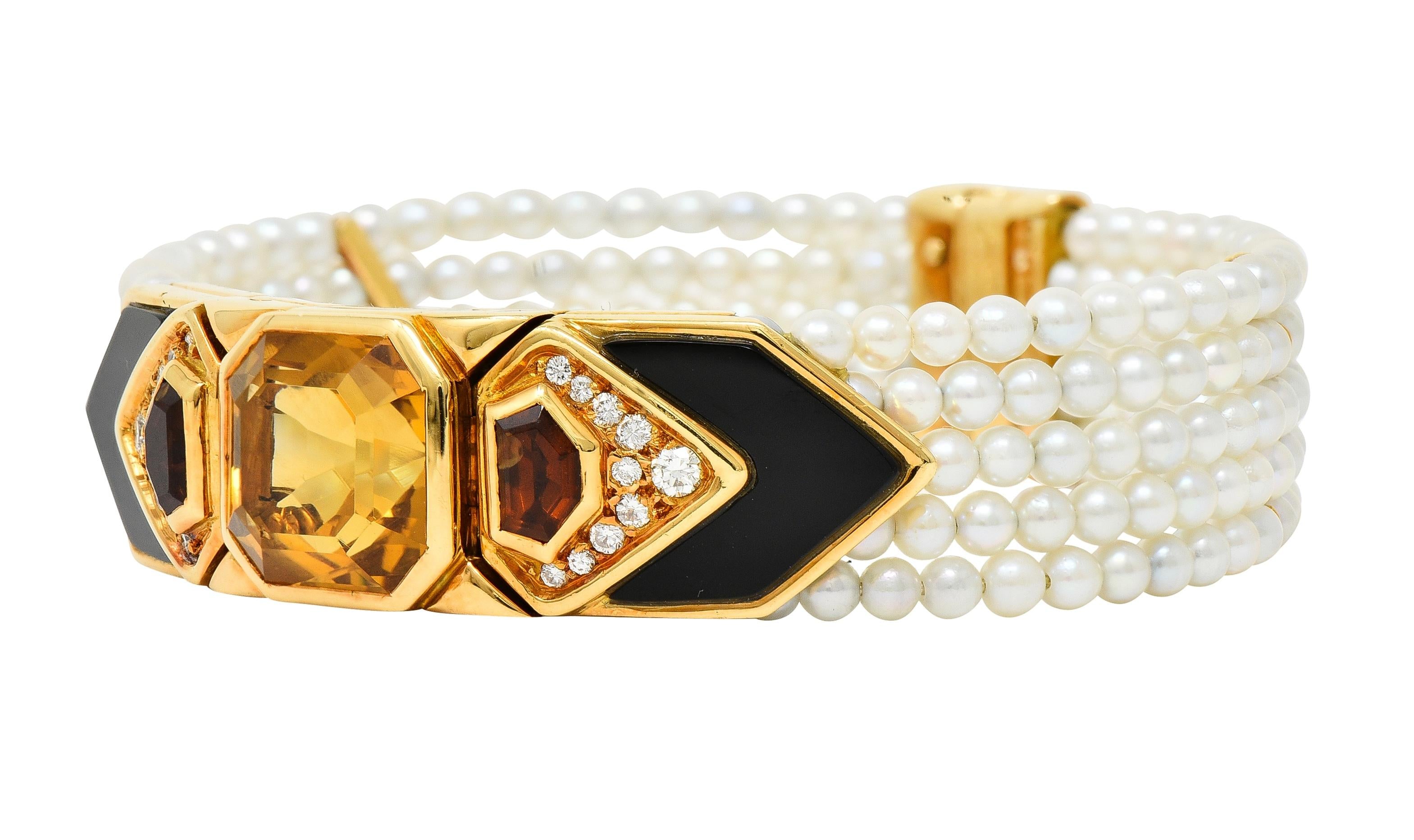 Marina B. French 1986 Citrine Diamond Onyx Pearl 18 Karat Gold Station Bracelet