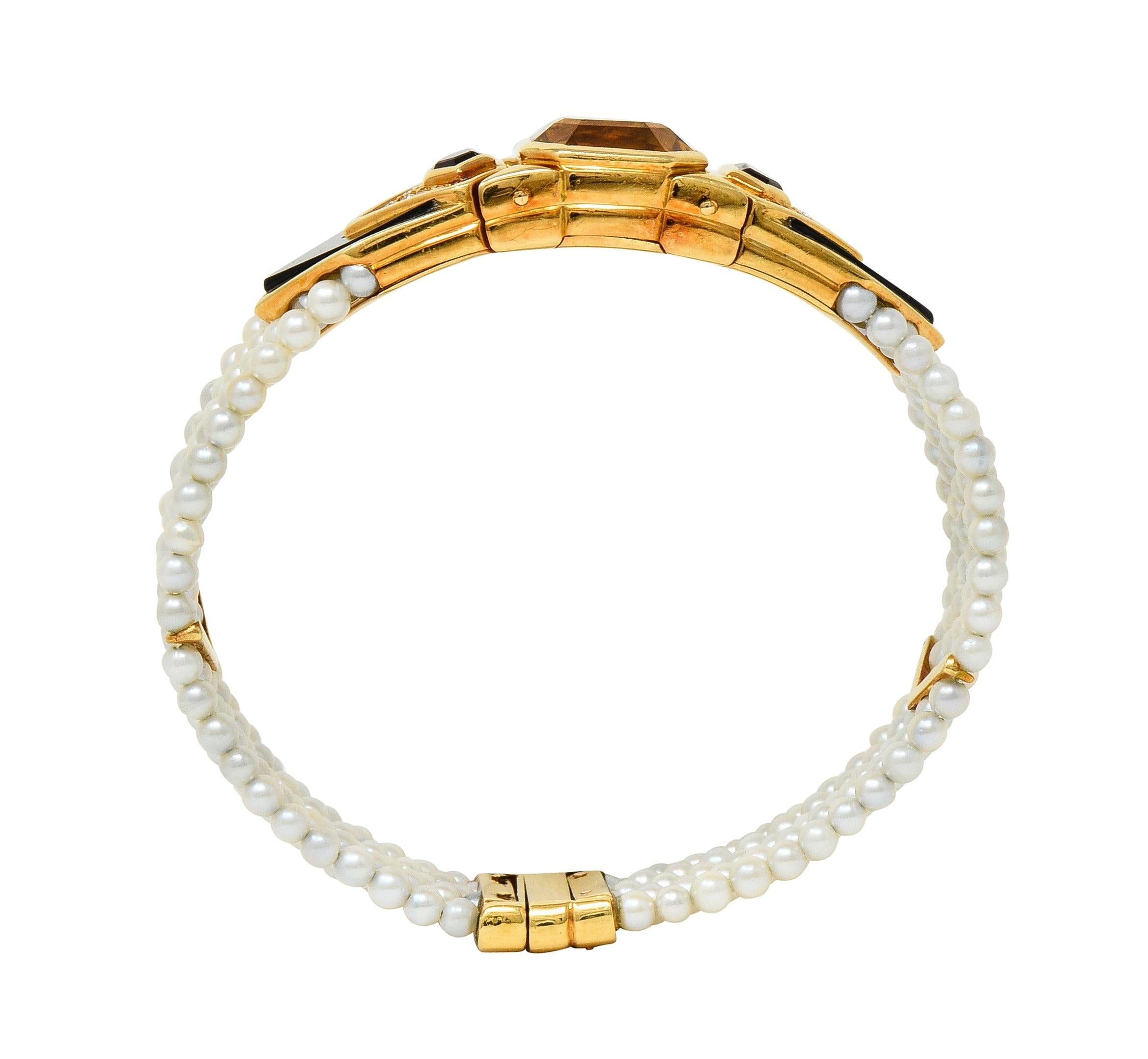 Marina B. French 1986 Citrine Diamond Onyx Pearl 18 Karat Gold Station Bracelet