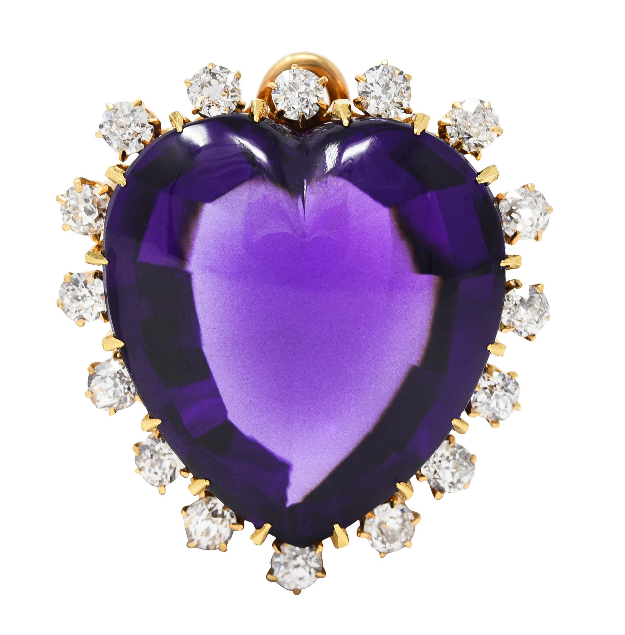 Victorian Old Mine Cut Diamond Amethyst Cabochon 18 Karat Yellow Gold Heart Antique Halo Pendant Brooch Wilson's Estate Jewelry