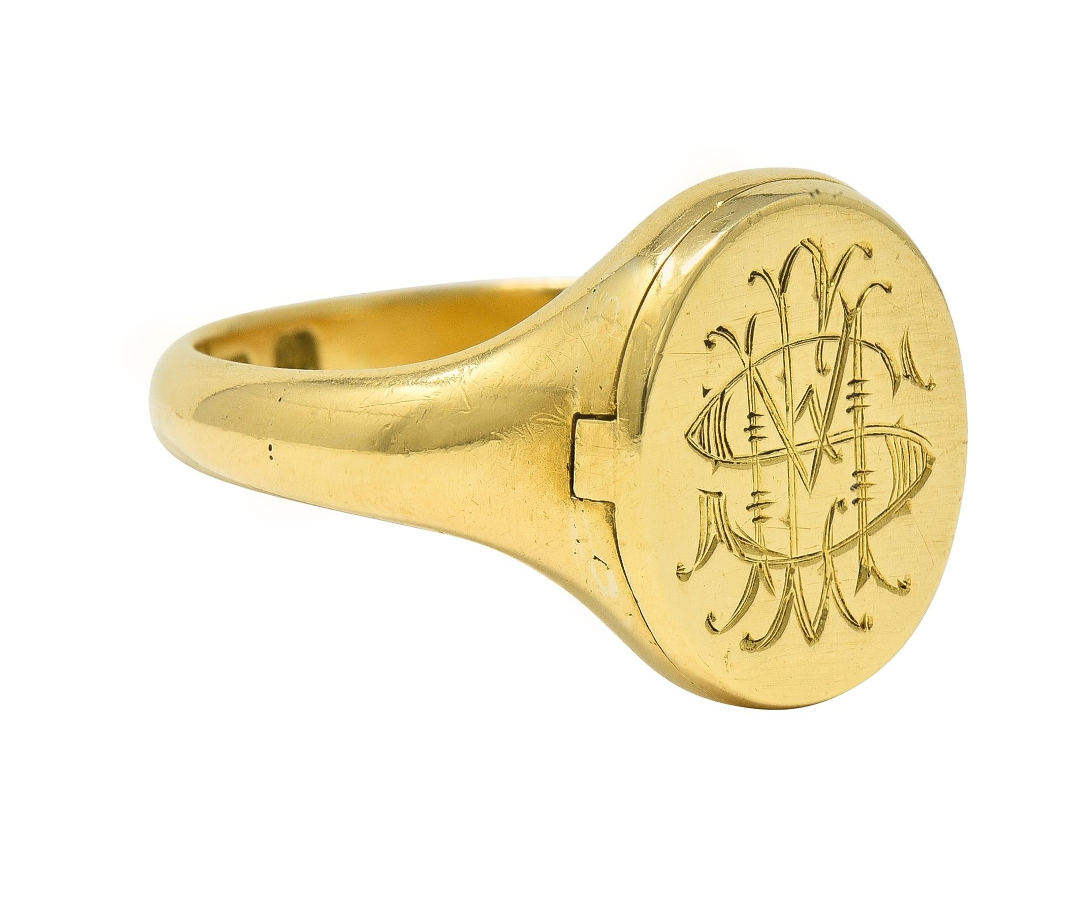 Antique 18 Karat Yellow Gold Monogram Signet Poison Hidden Compartment Ring