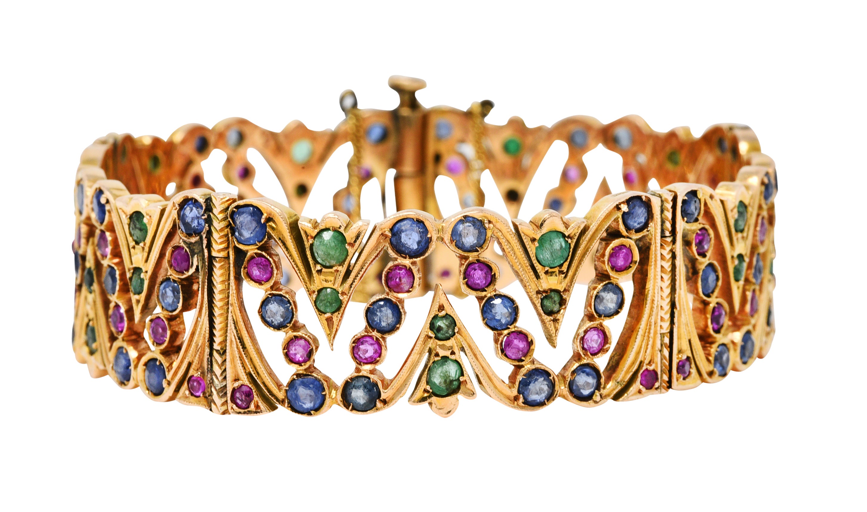 Art Deco 12.45 CTW Sapphire Ruby Emerald Pearl 14 Karat Gold Braceletbracelet - Wilson's Estate Jewelry