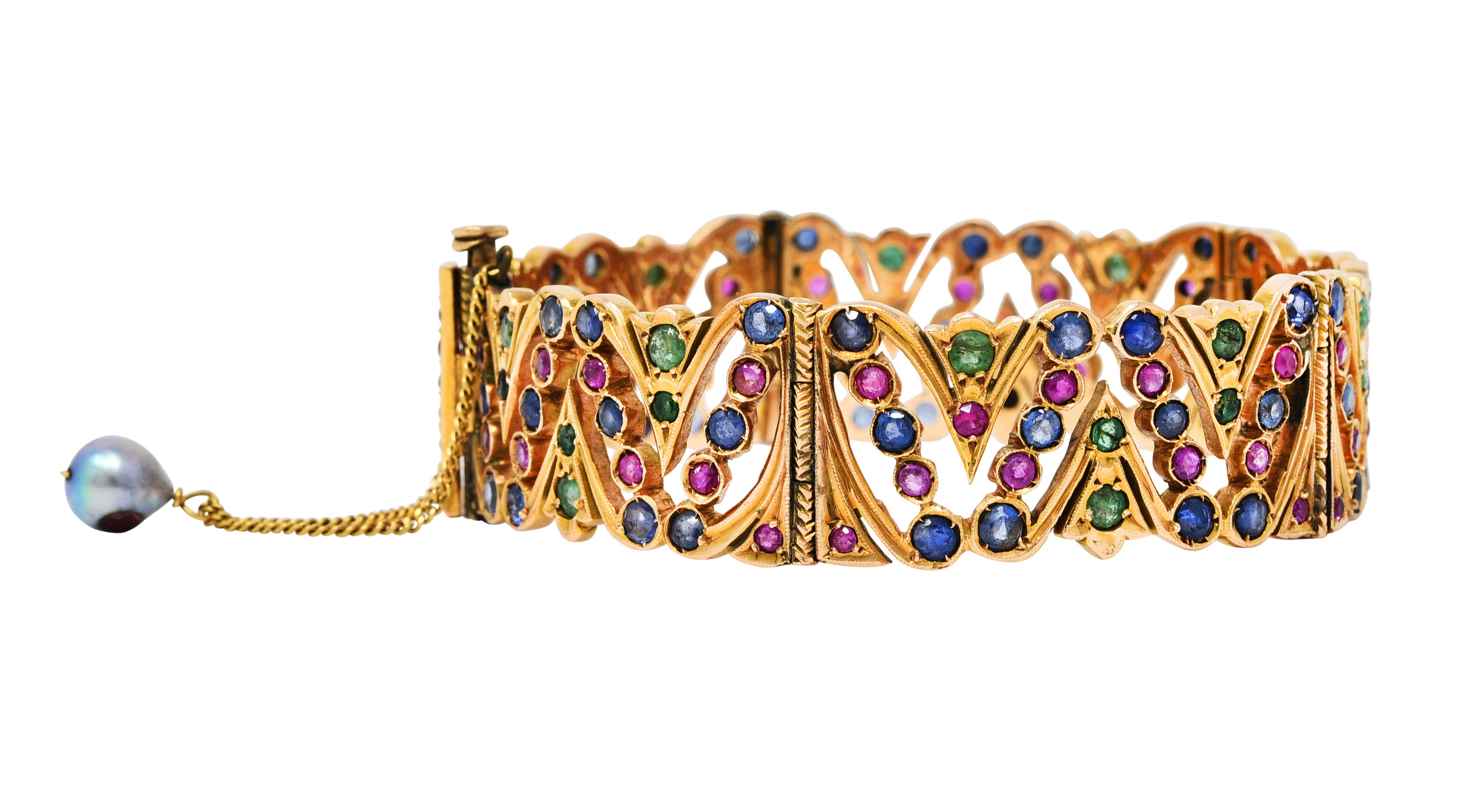 Art Deco 12.45 CTW Sapphire Ruby Emerald Pearl 14 Karat Gold Braceletbracelet - Wilson's Estate Jewelry