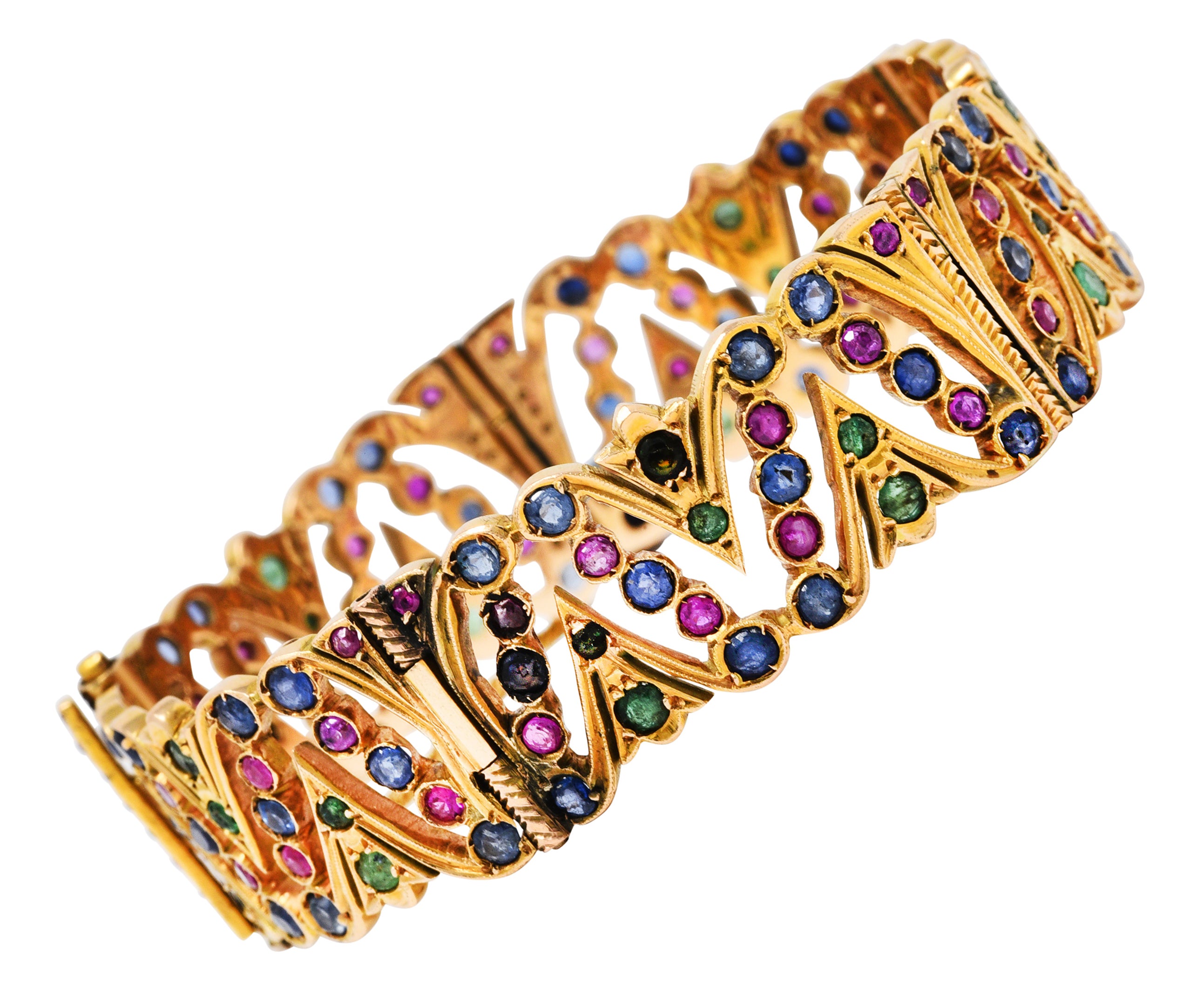 Art Deco 12.45 CTW Sapphire Ruby Emerald Pearl 14 Karat Gold Braceletbracelet - Wilson's Estate Jewelry