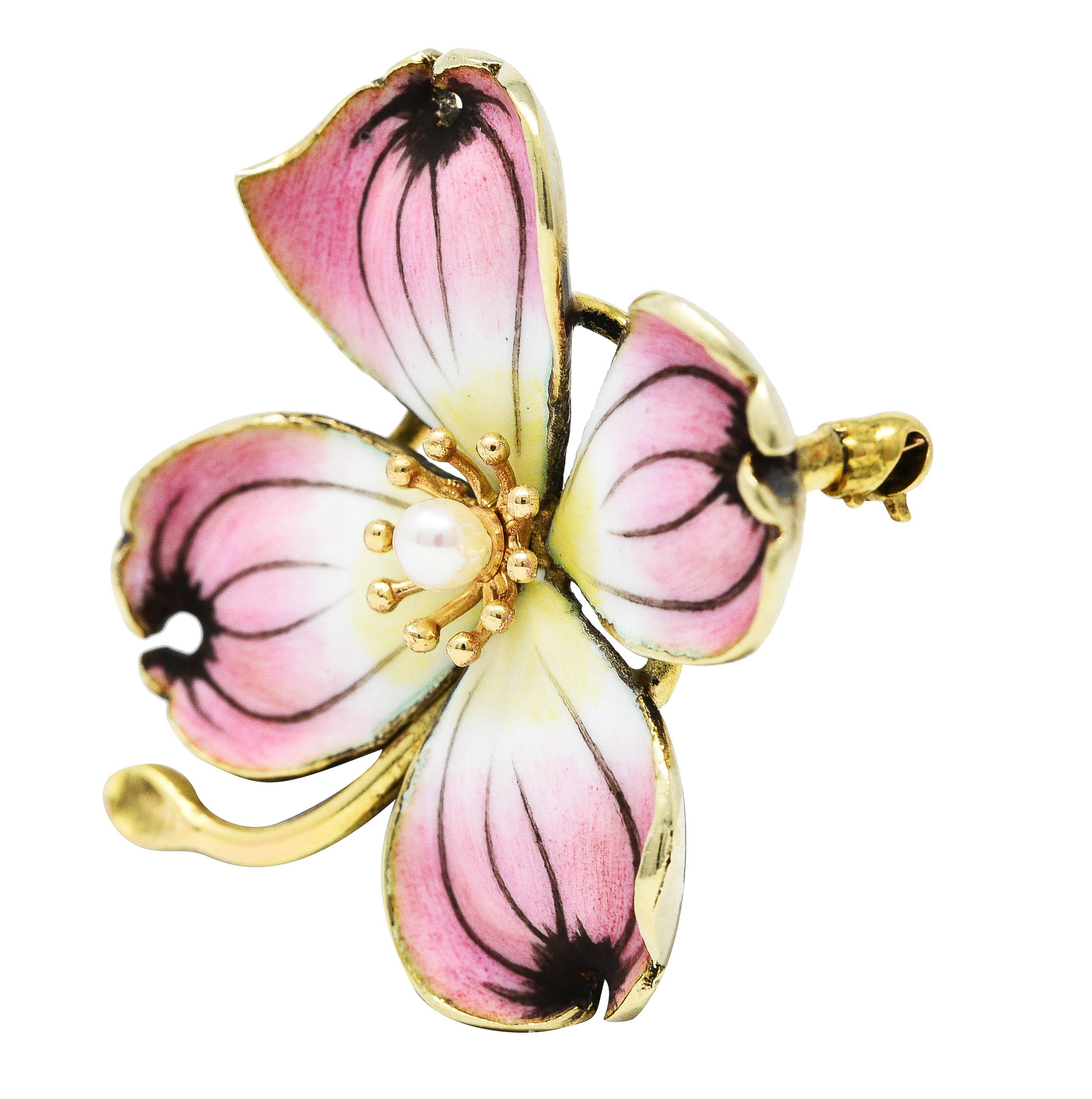 Crane & Theurer Art Nouveau Pearl Enamel 14 Karat Yellow Gold Antique Flower Brooch Wilson's Estate Jewelry