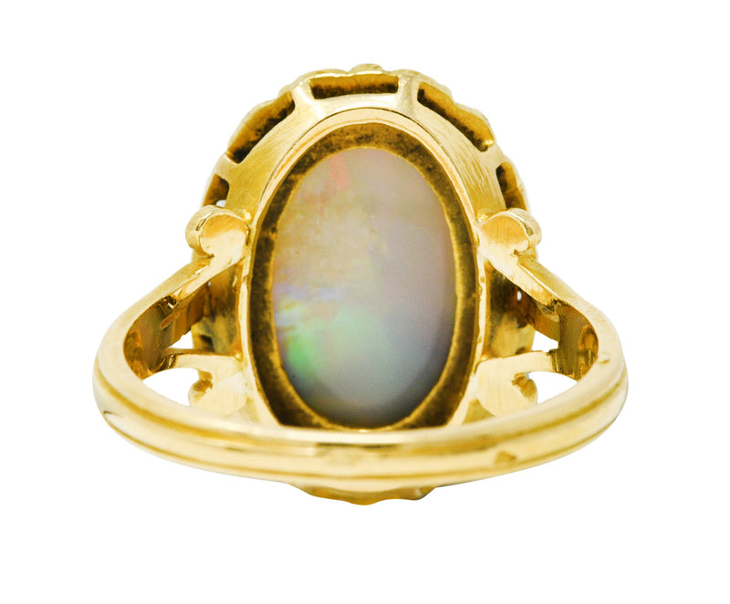 French Victorian Opal Diamond Platinum-Topped 18 Karat Yellow Gold Laurel Antique Ring Wilson's Estate Jewelry